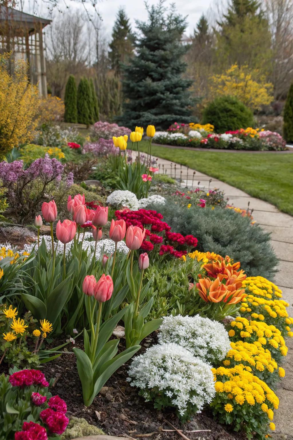 A flower bed designed for year-round seasonal splendor.