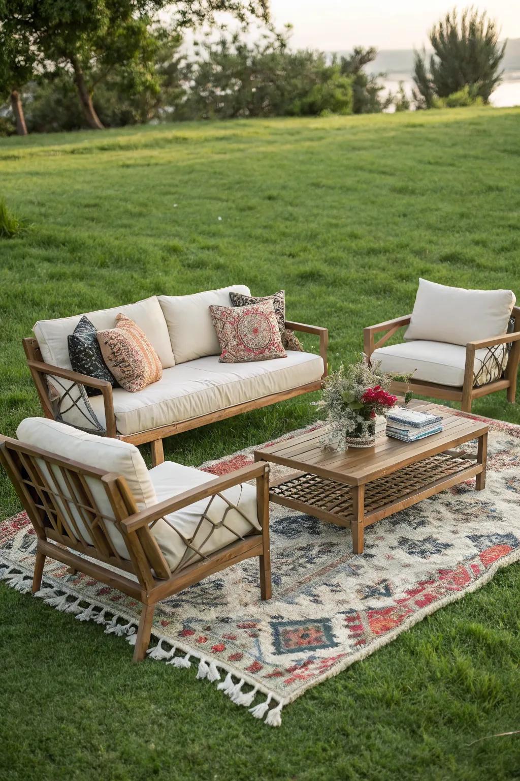 A decorative rug safeguarding the grass beneath.