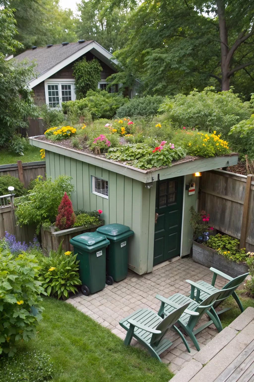A rooftop garden on the shed adds greenery while hiding garbage bins below.