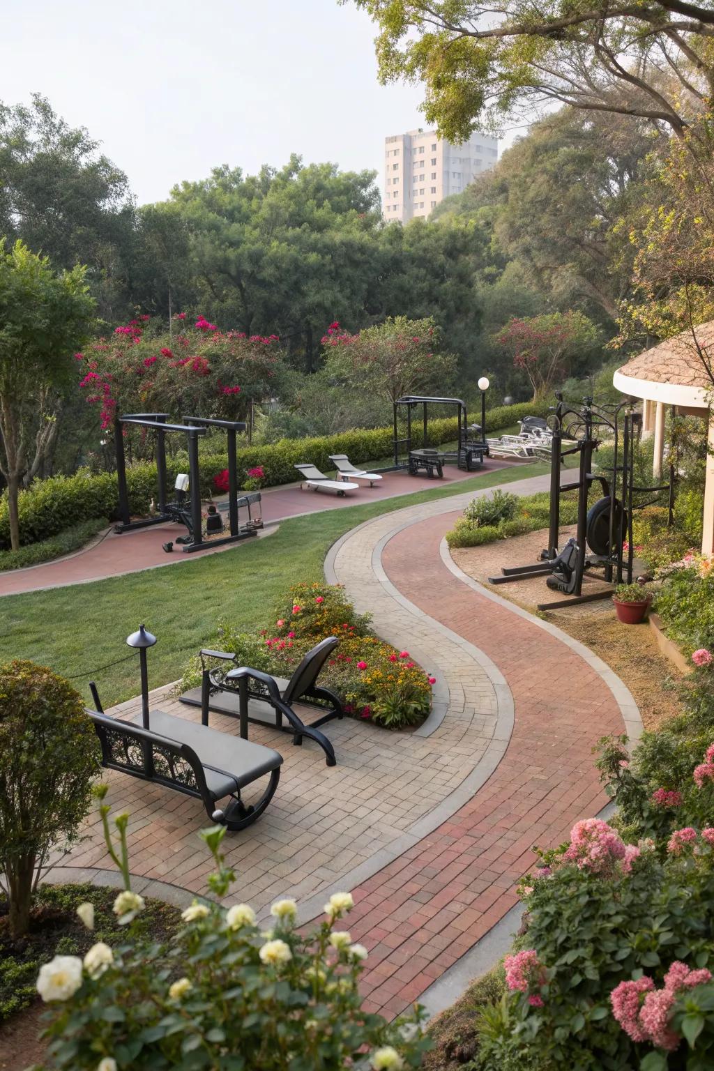 Pathways and seating create a complete outdoor fitness experience.