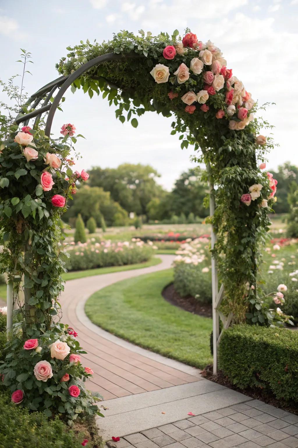 Floral garlands create a romantic garden arch.