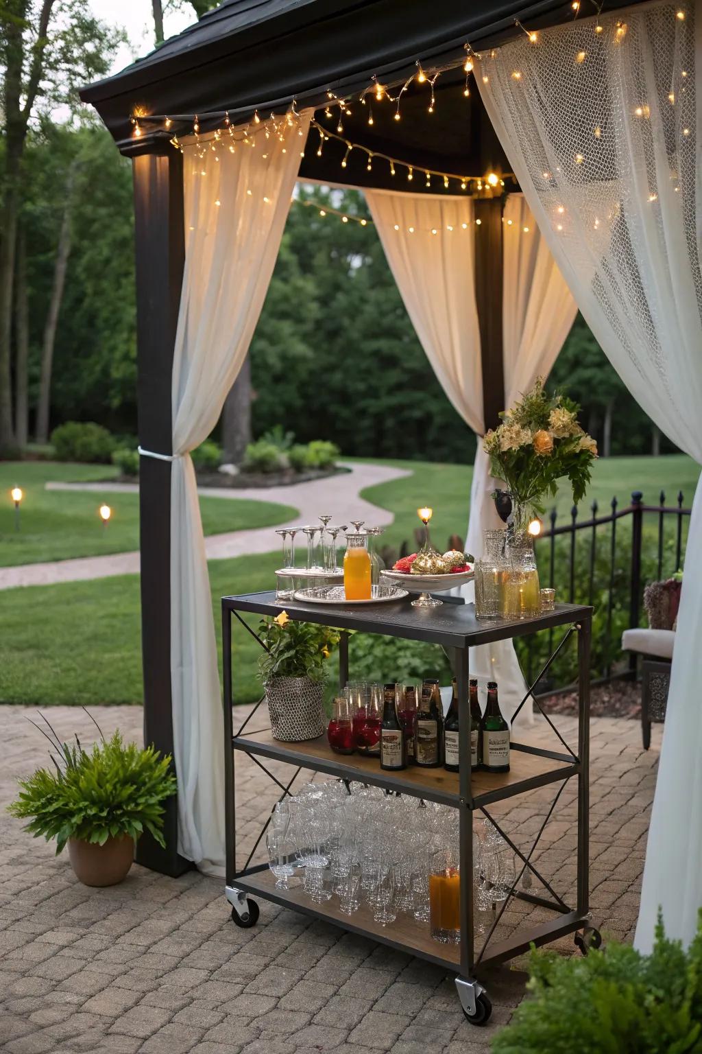 An outdoor bar cart adds style and convenience for entertaining.