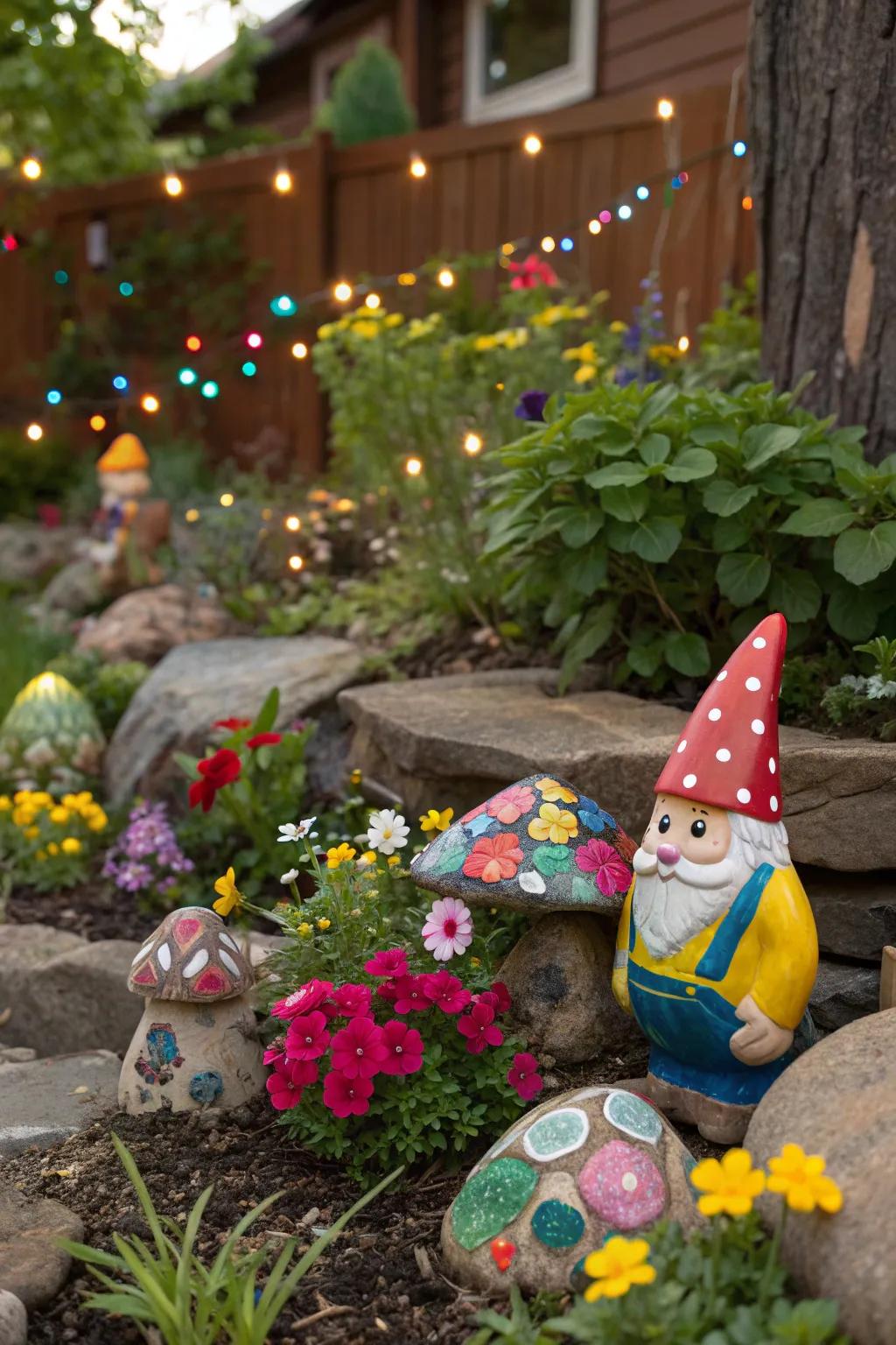 Vibrant colors create a cheerful and inviting atmosphere in a gnome garden.