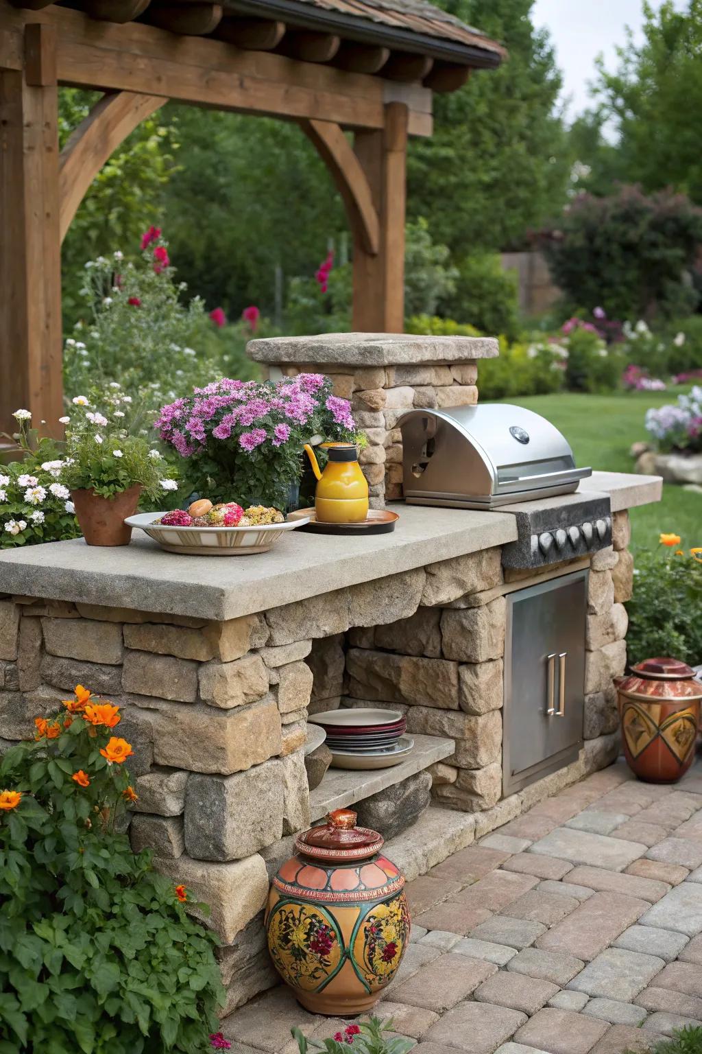 Embrace natural beauty with a rustic stone grill table.