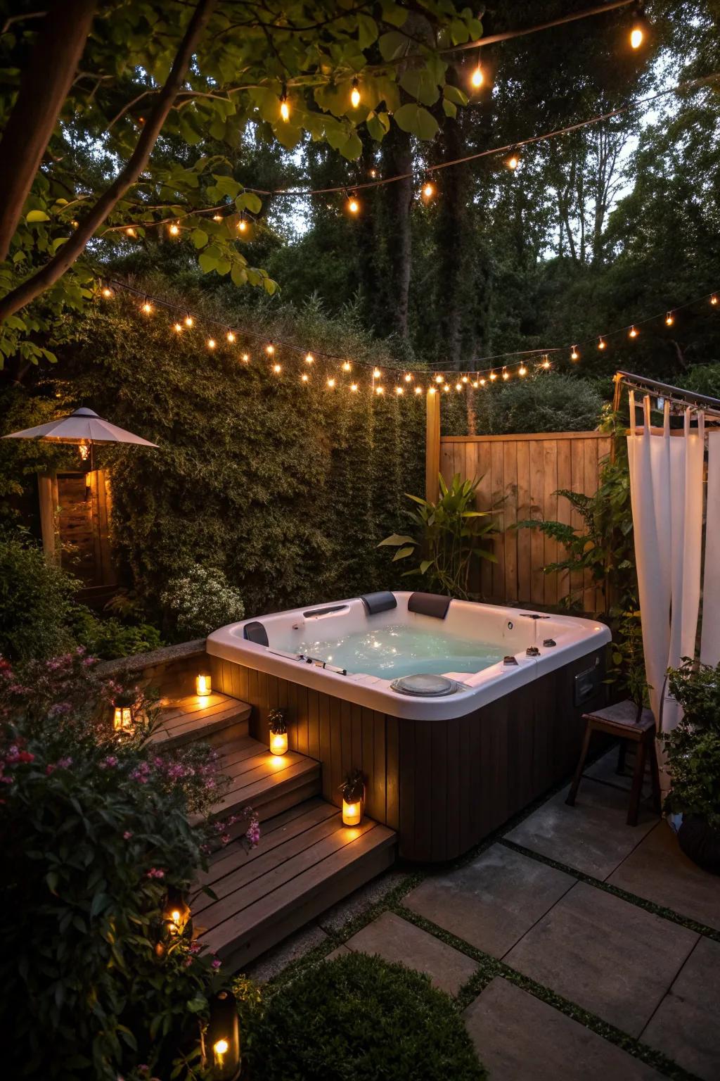Strategic lighting brings a magical glow to your hot tub area at night.