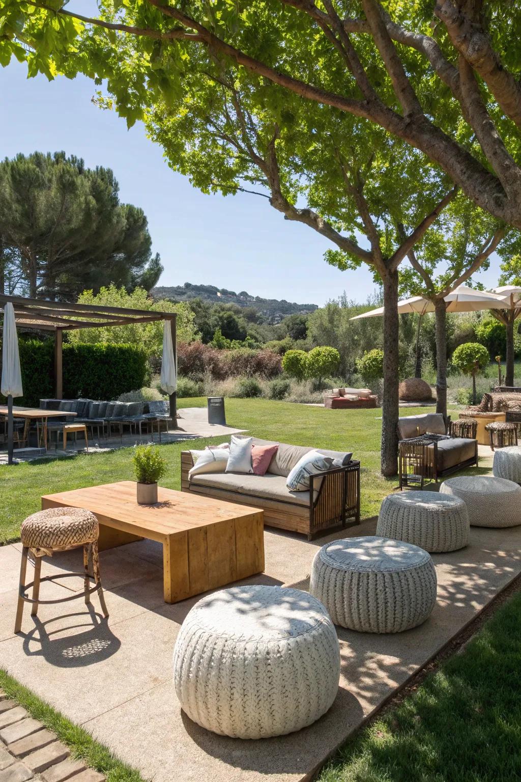 A versatile seating arrangement with a mix of benches, chairs, and poufs.