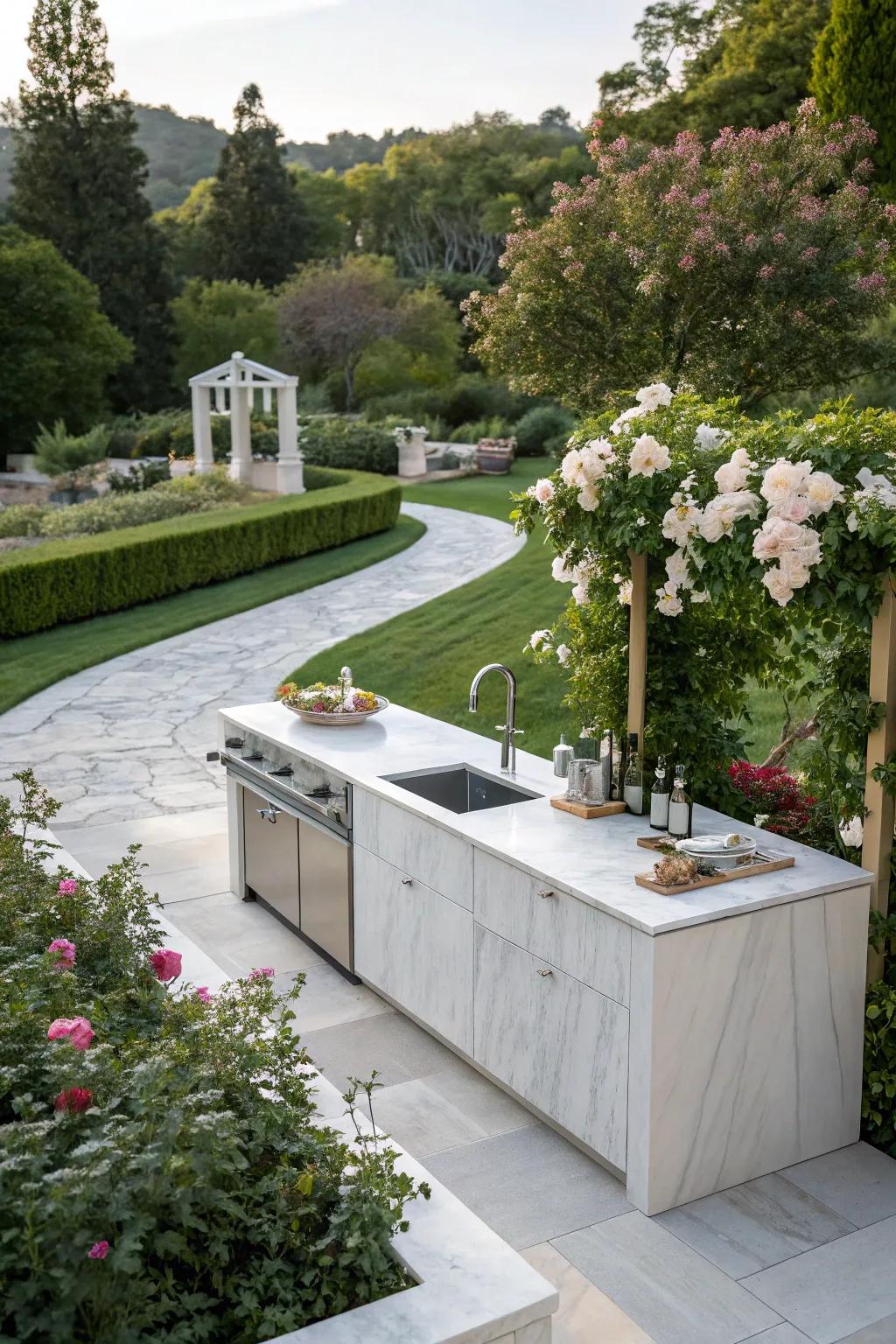 Marble countertops bring luxury and sophistication outdoors.