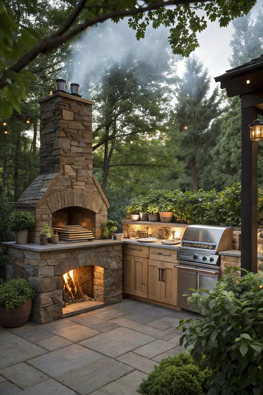 A harmonious blend of natural stone and wood in an outdoor kitchen fireplace, enhancing its natural appeal.