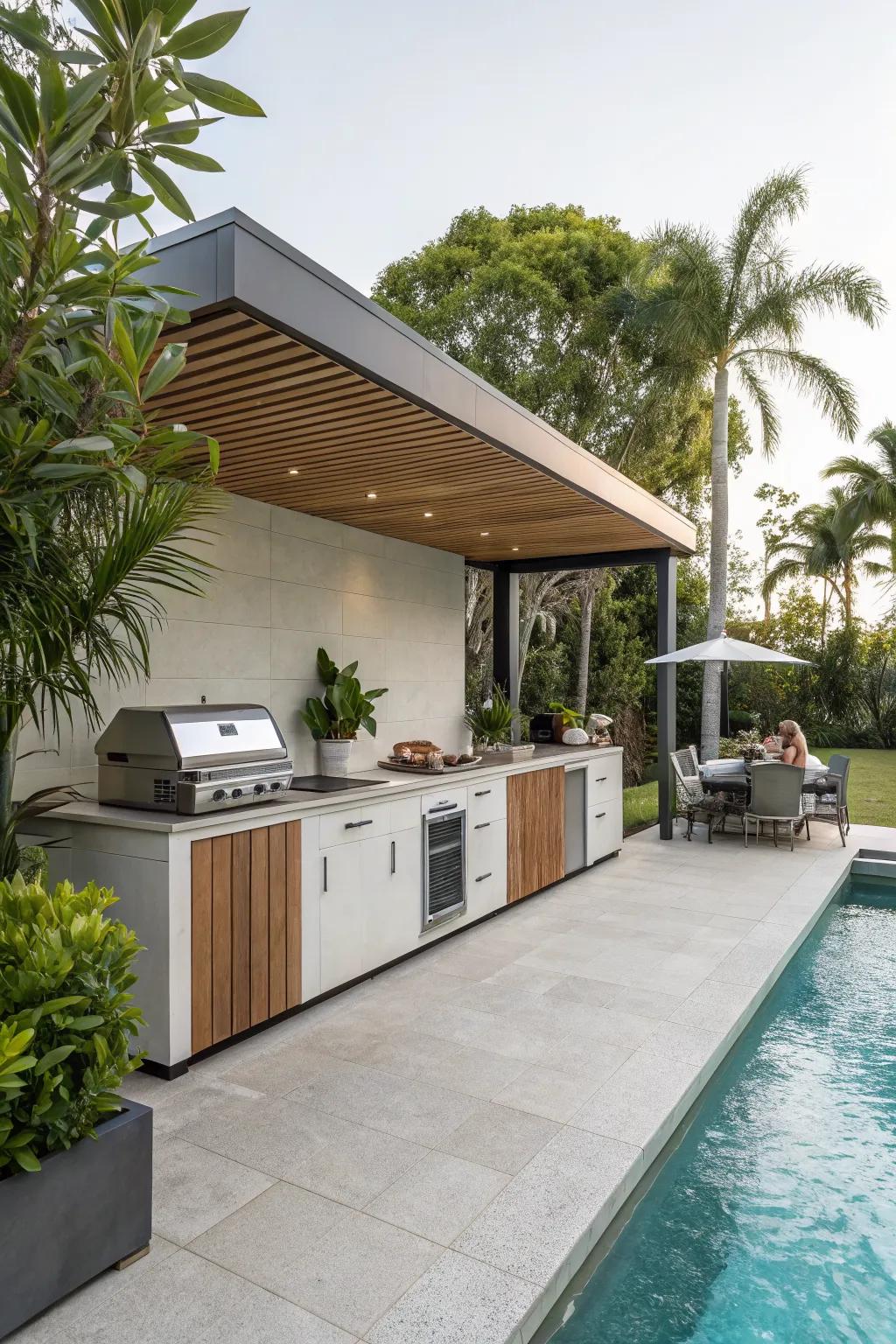A functional entertainment wall by the pool.