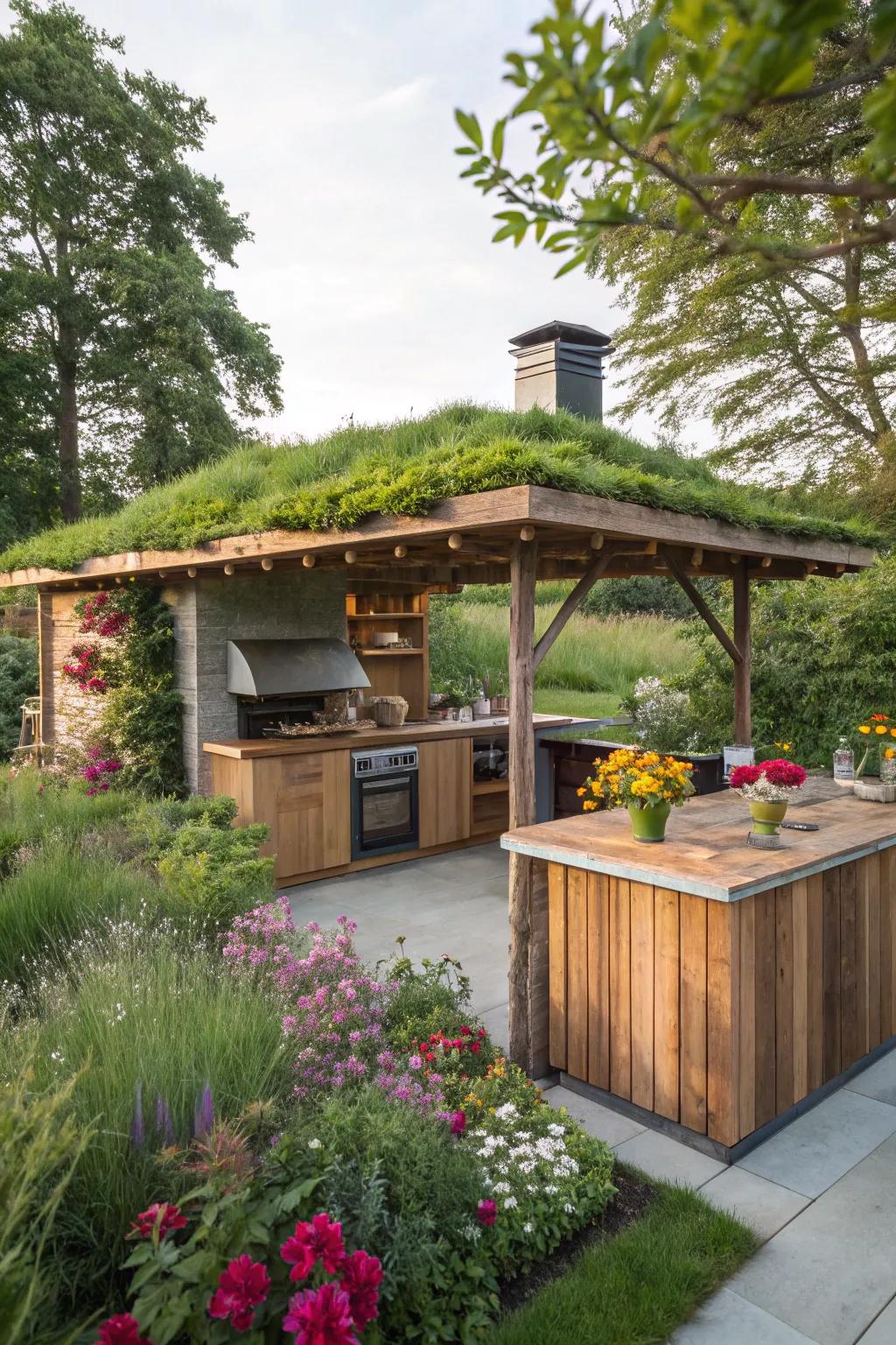 An integrated green roof adds a touch of nature and sustainability to your outdoor kitchen.
