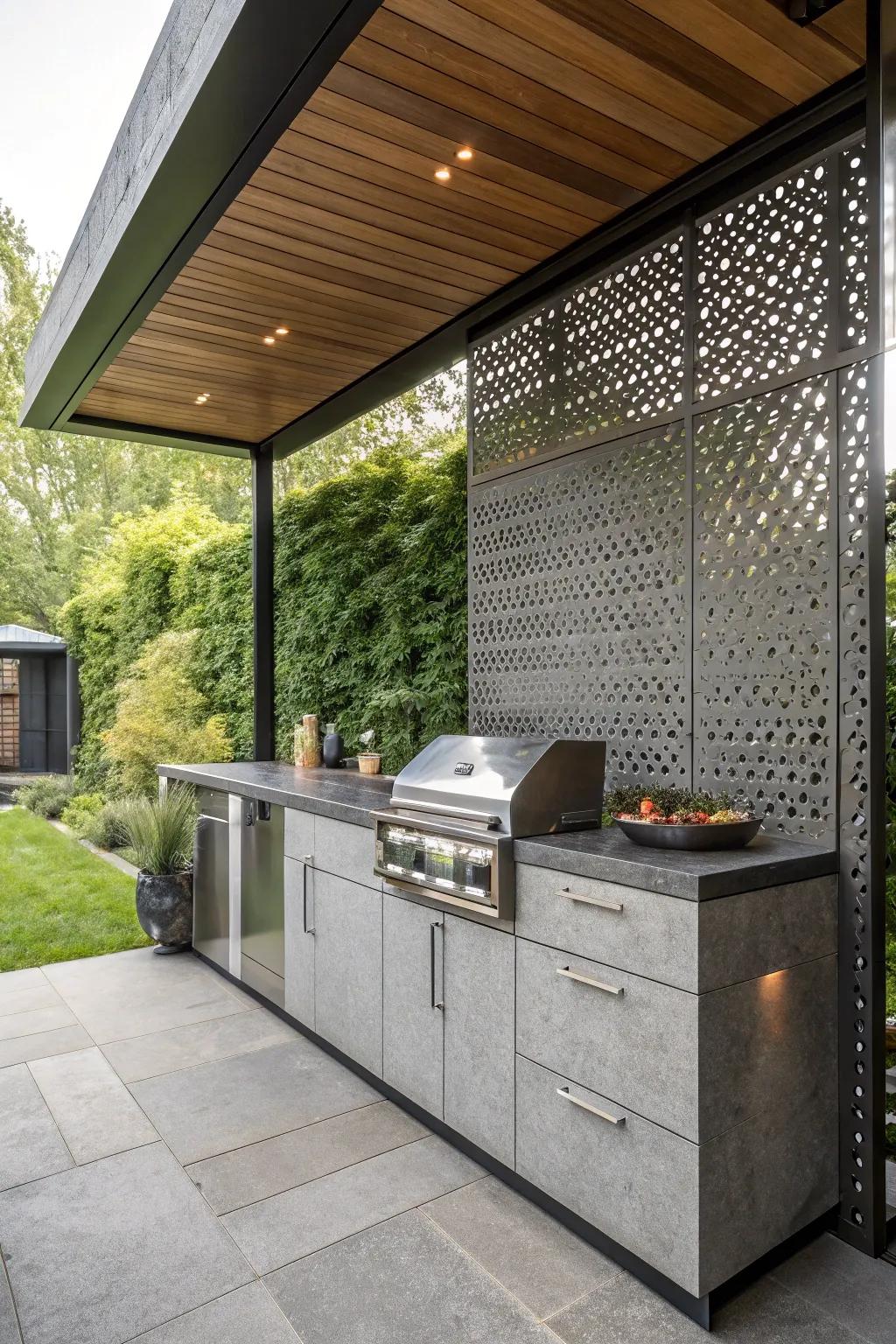 Perforated metal siding creates a unique and visually interesting outdoor kitchen.