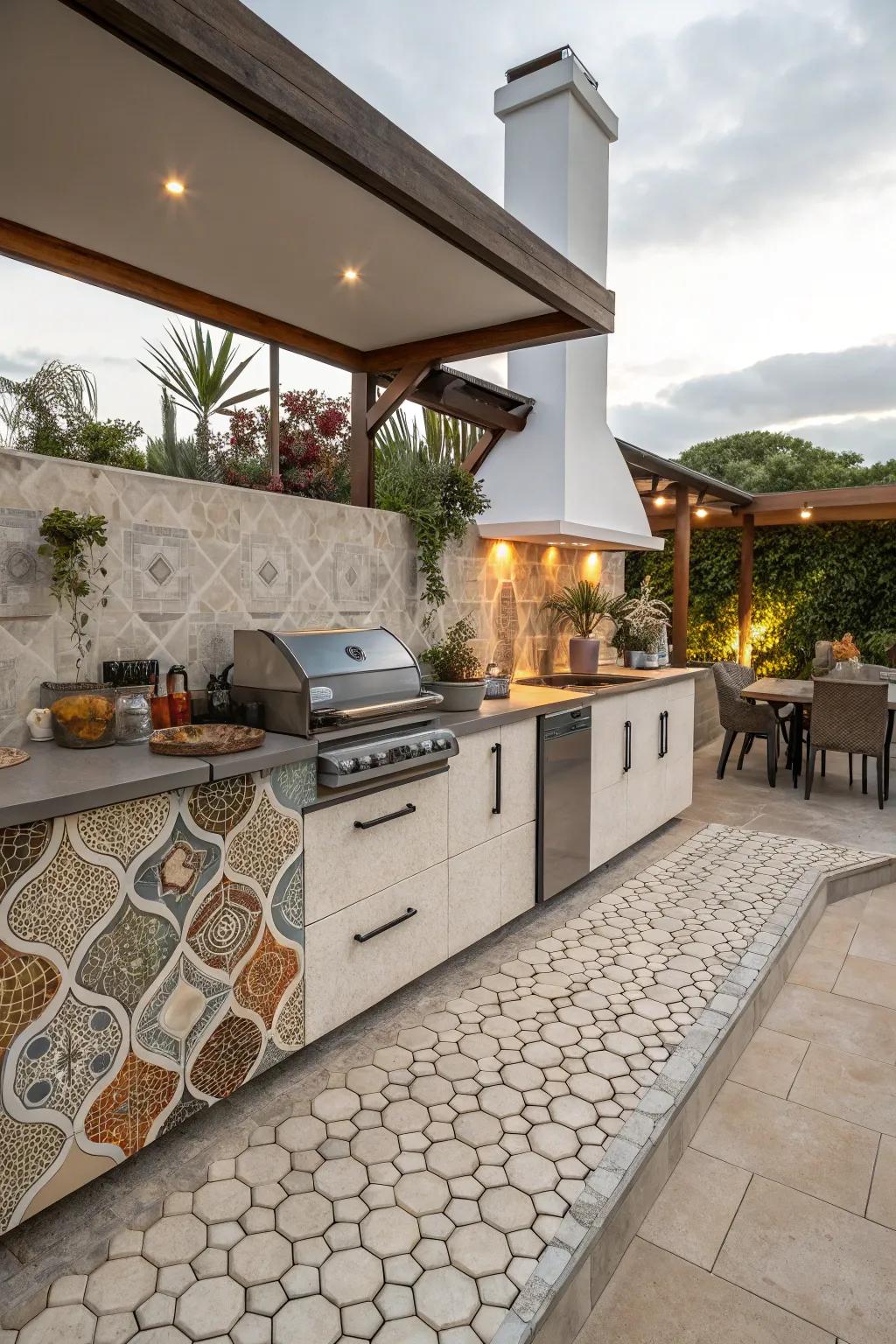 Visually intriguing hexagon tiles in a modern outdoor kitchen.