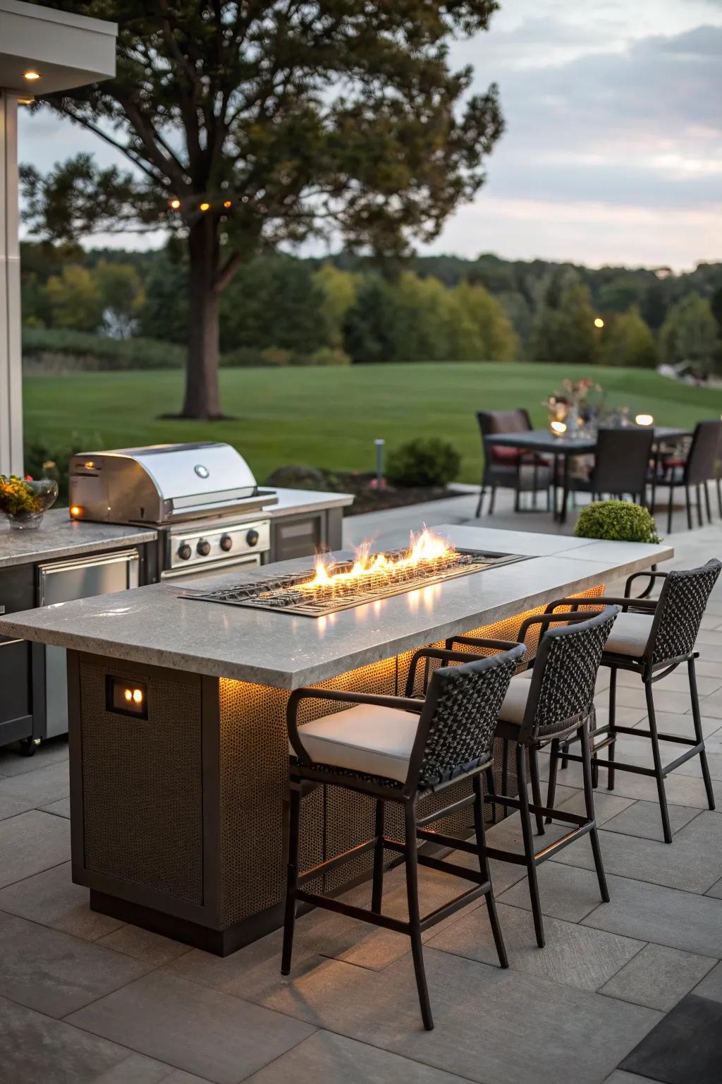 A fire table adds a touch of elegance to this outdoor dining area.