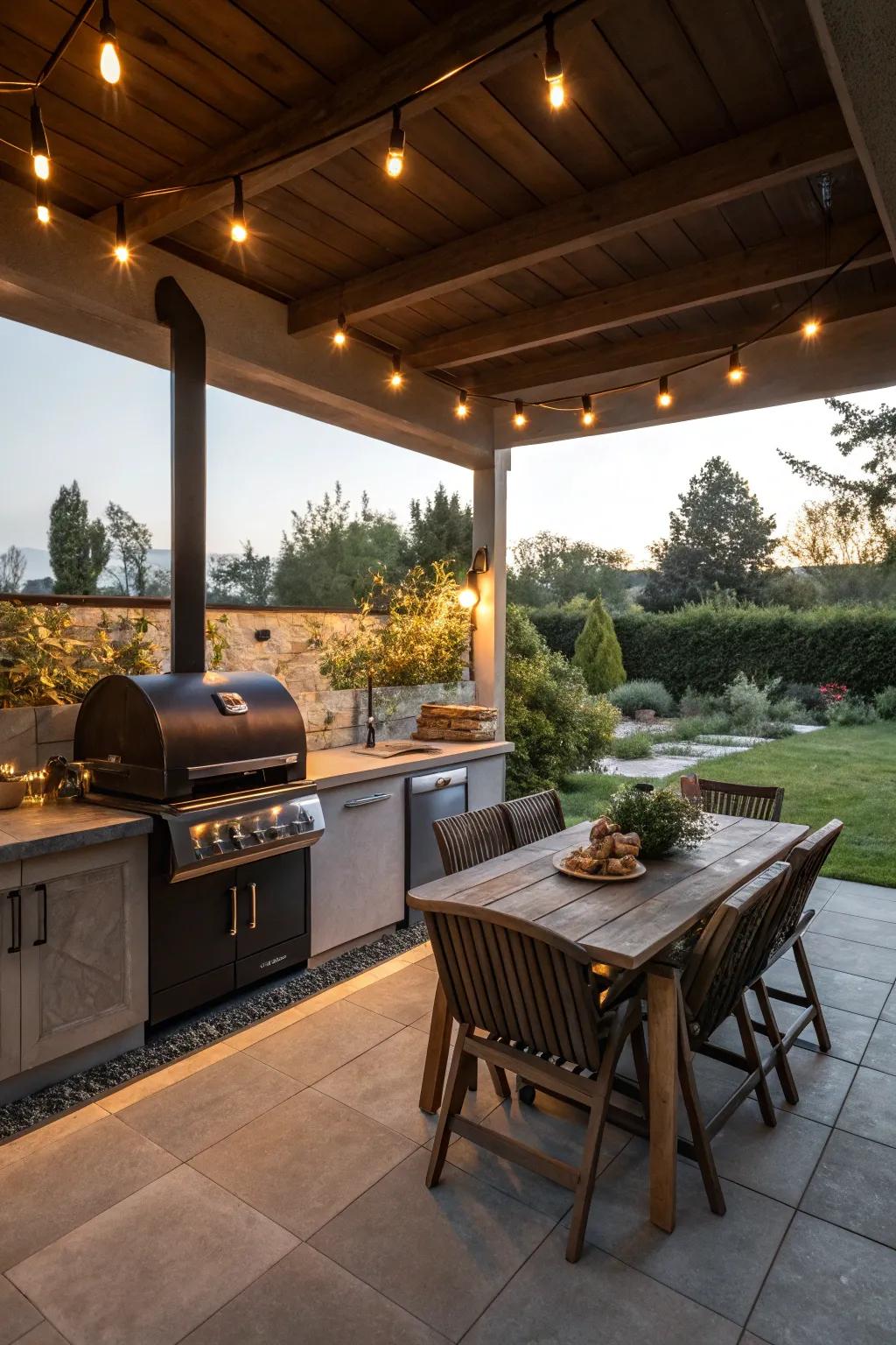 Magical ambiance with well-placed lighting in an outdoor kitchen.