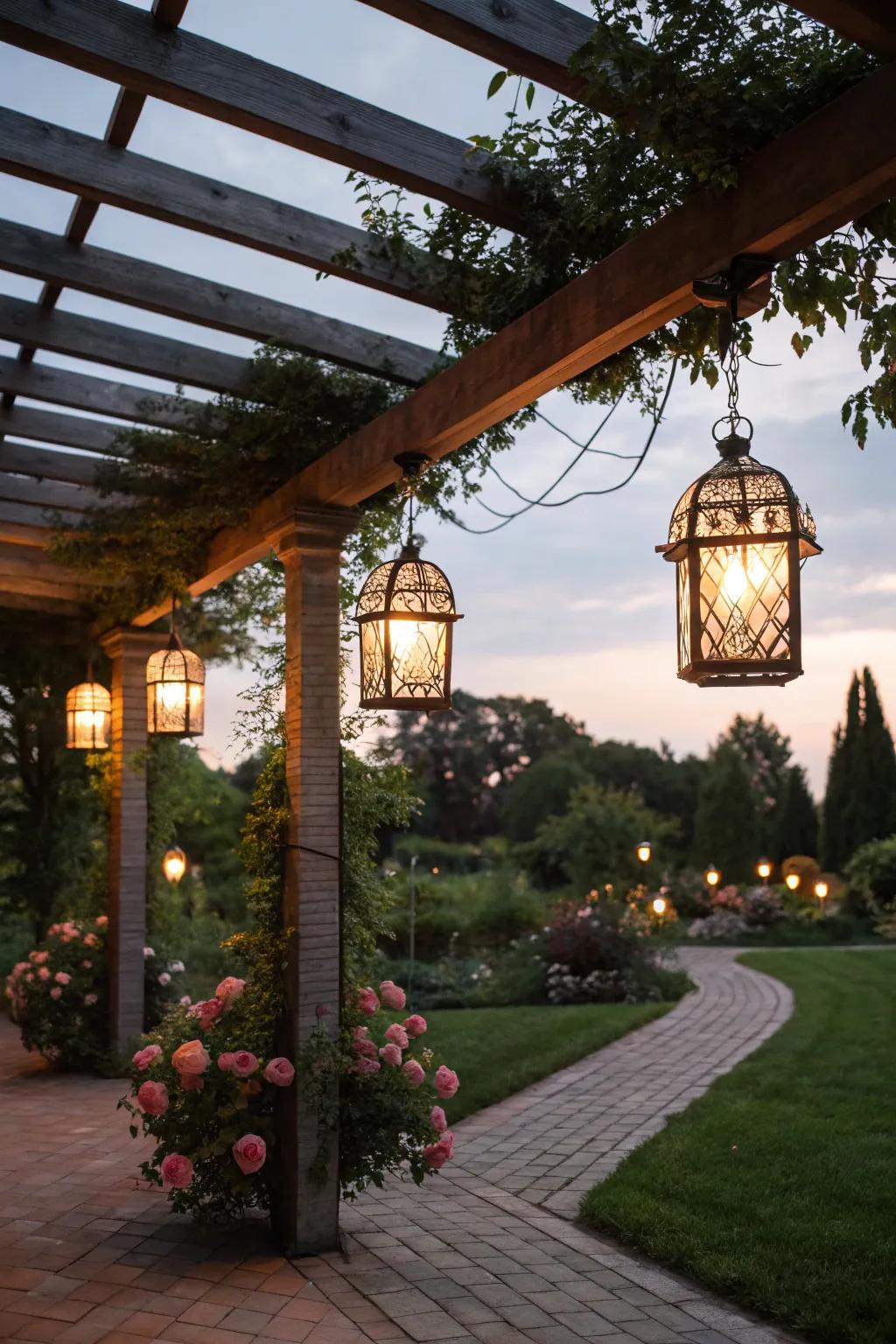 Create romance with hanging lanterns from pergolas.