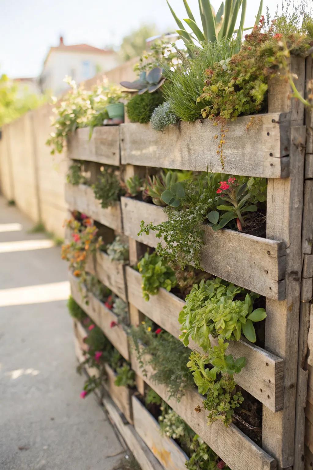An eco-friendly pallet garden brings sustainability to your outdoor space.