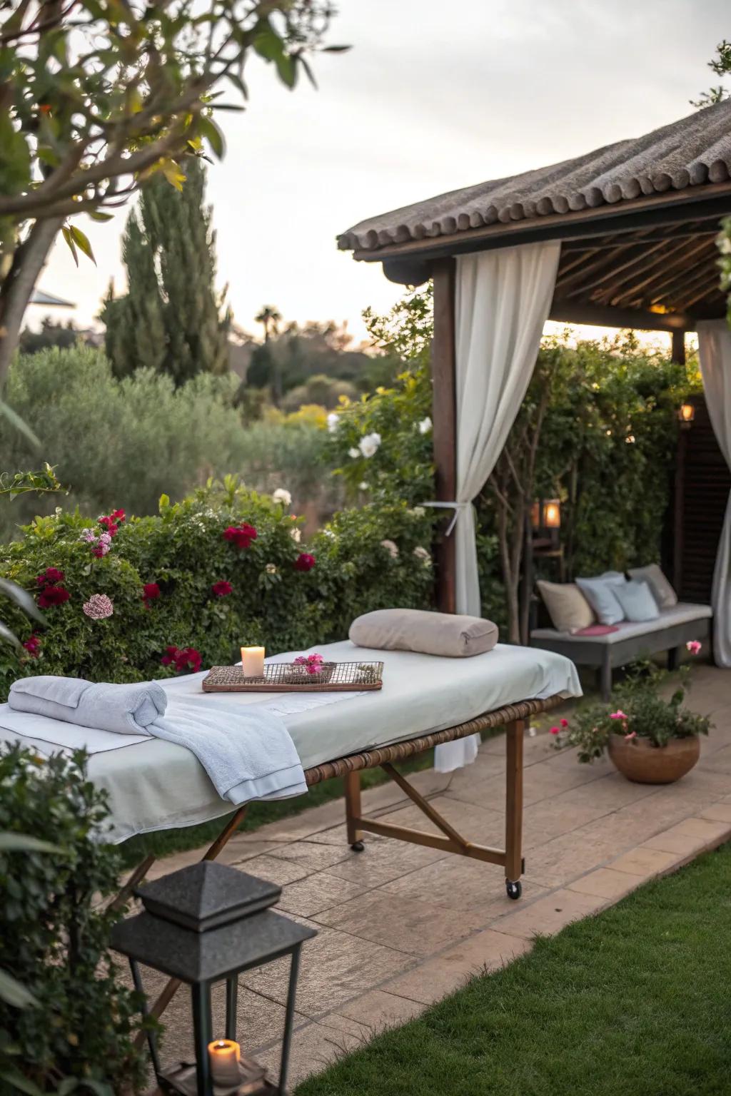 Comfortable linens elevate the outdoor massage experience.