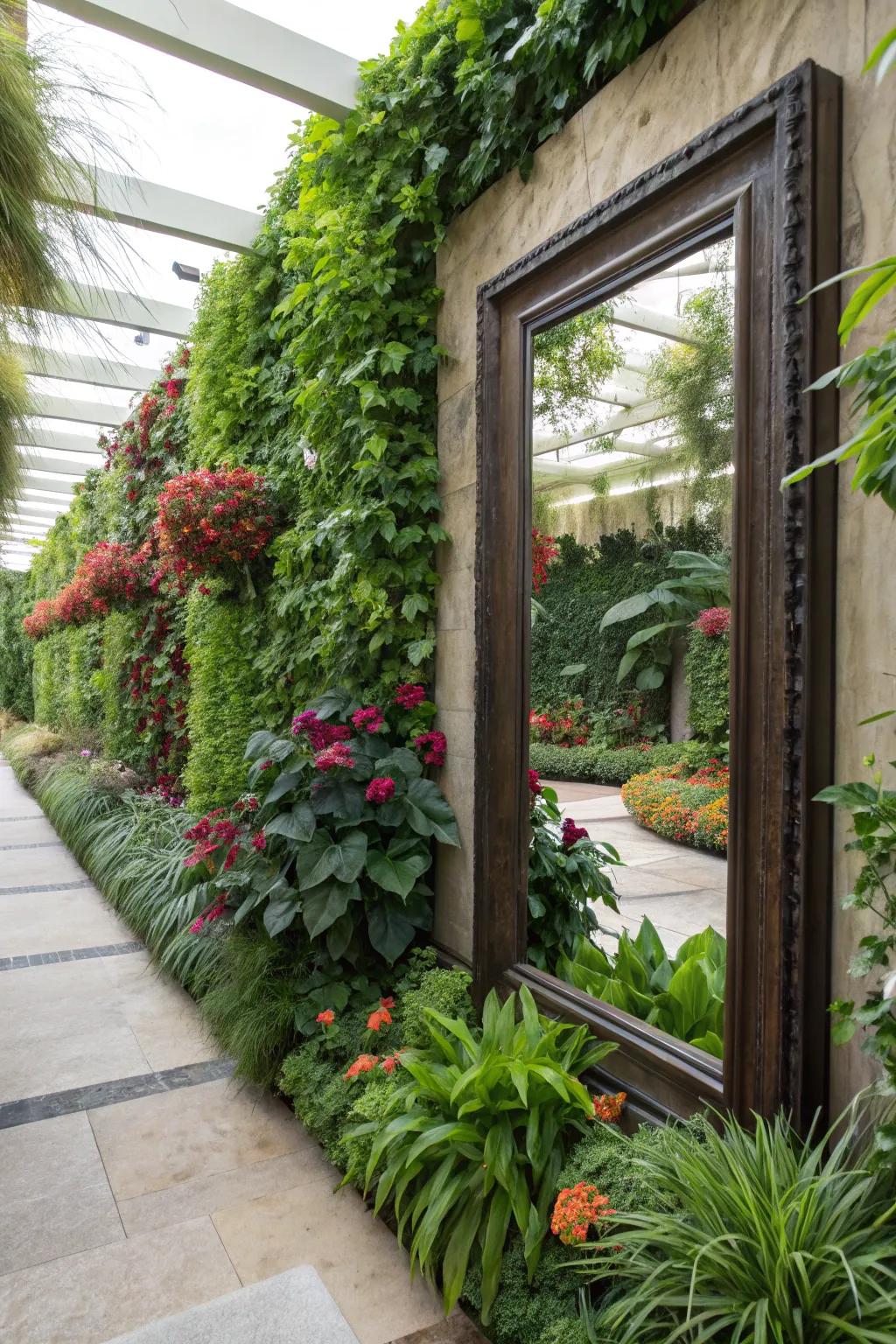 Vertical gardens gain depth with mirror backdrops.