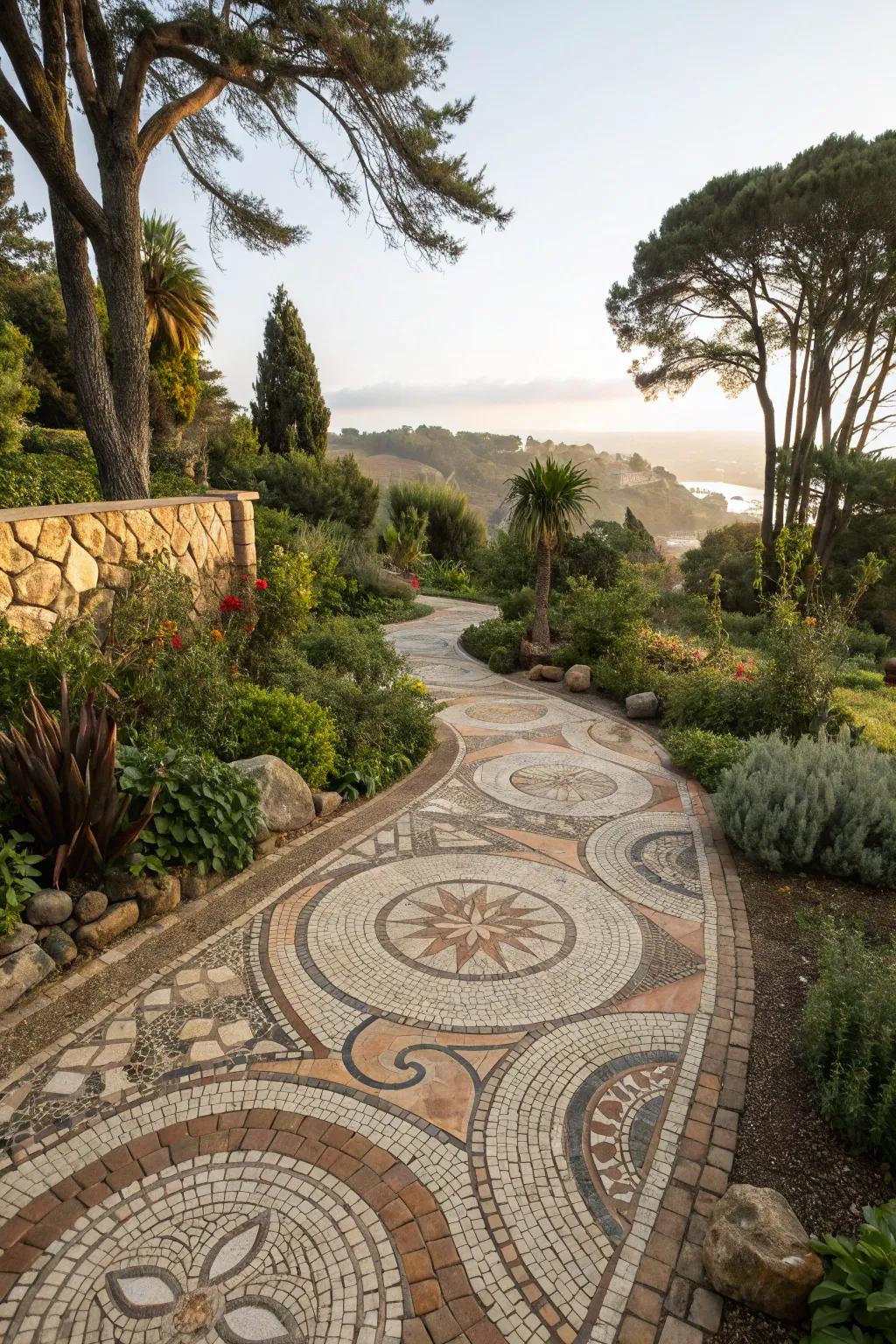 Subtle mosaic designs that enhance the natural beauty of a garden.