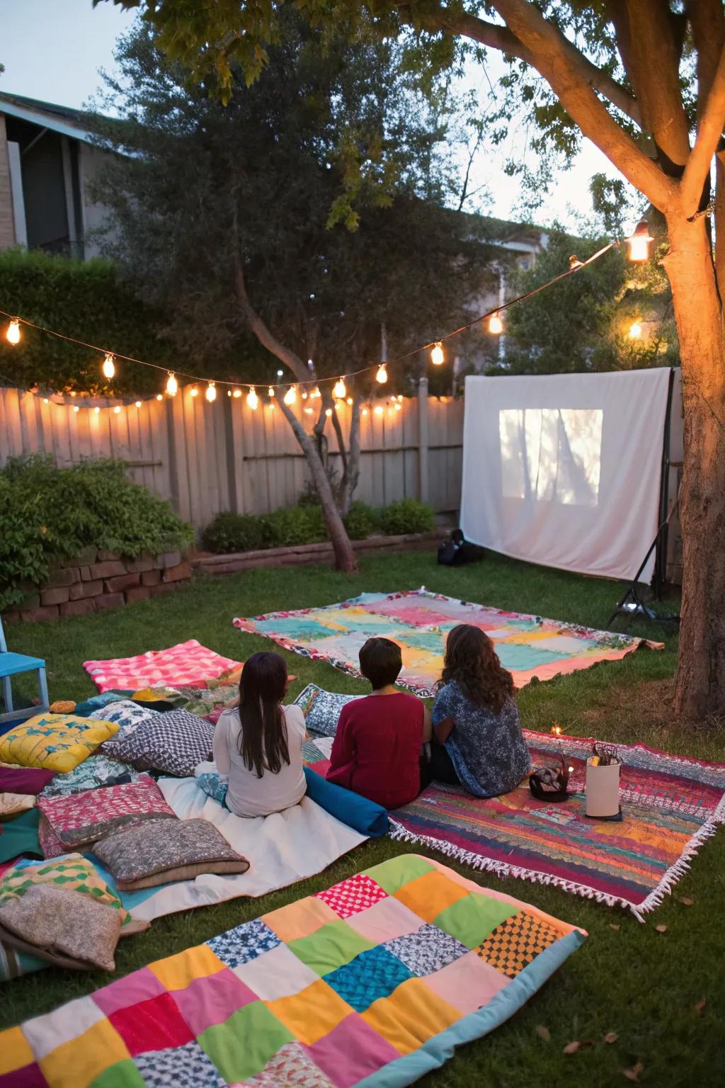 Enjoy a laid-back movie night with a spread of picnic blankets.
