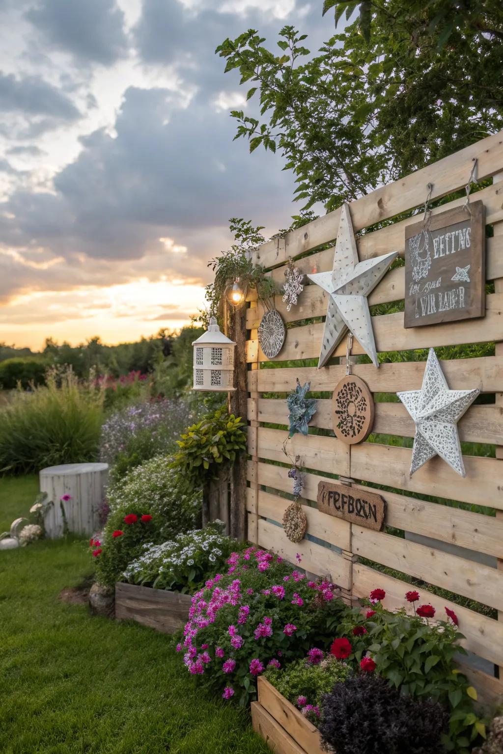 Add personality to your pallet wall with decorative elements.