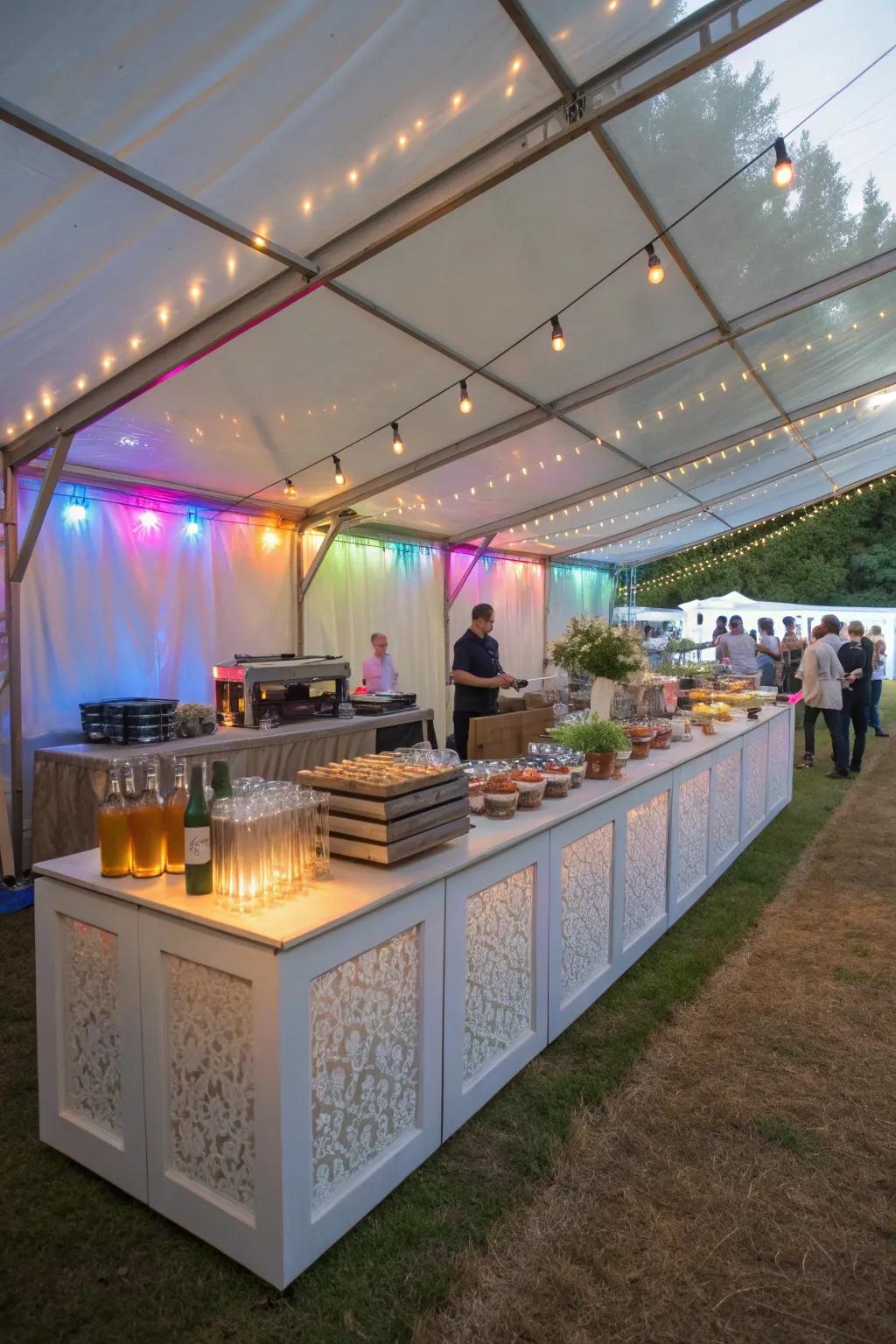 A DIY buffet and bar area adds interaction and style to your tent.