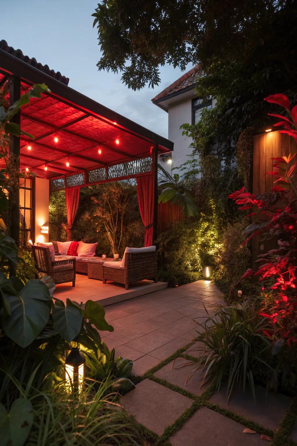 Create a magical evening atmosphere with subtle red lighting.