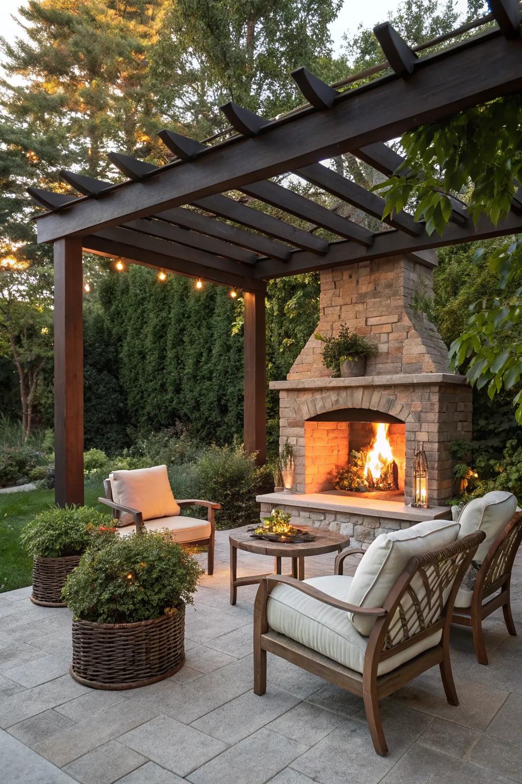 Defined elegance: a fireplace paired with a pergola.