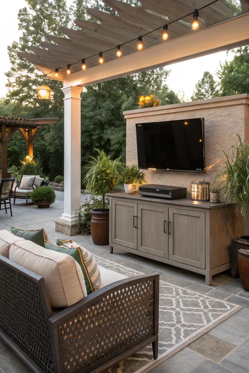 Maintain an elegant look with a hidden cabinet TV stand.