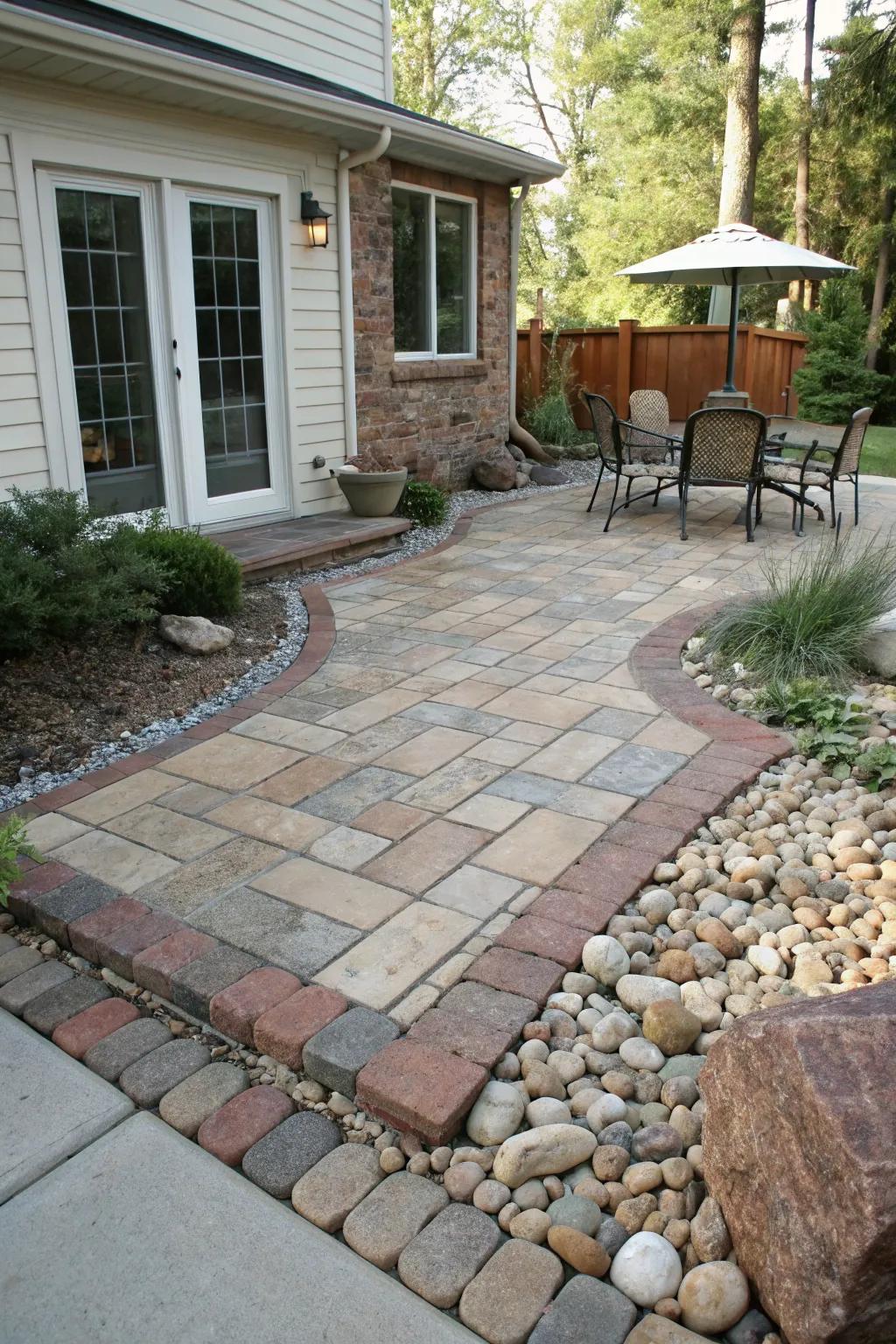 Mixing materials to create a visually appealing patio design.