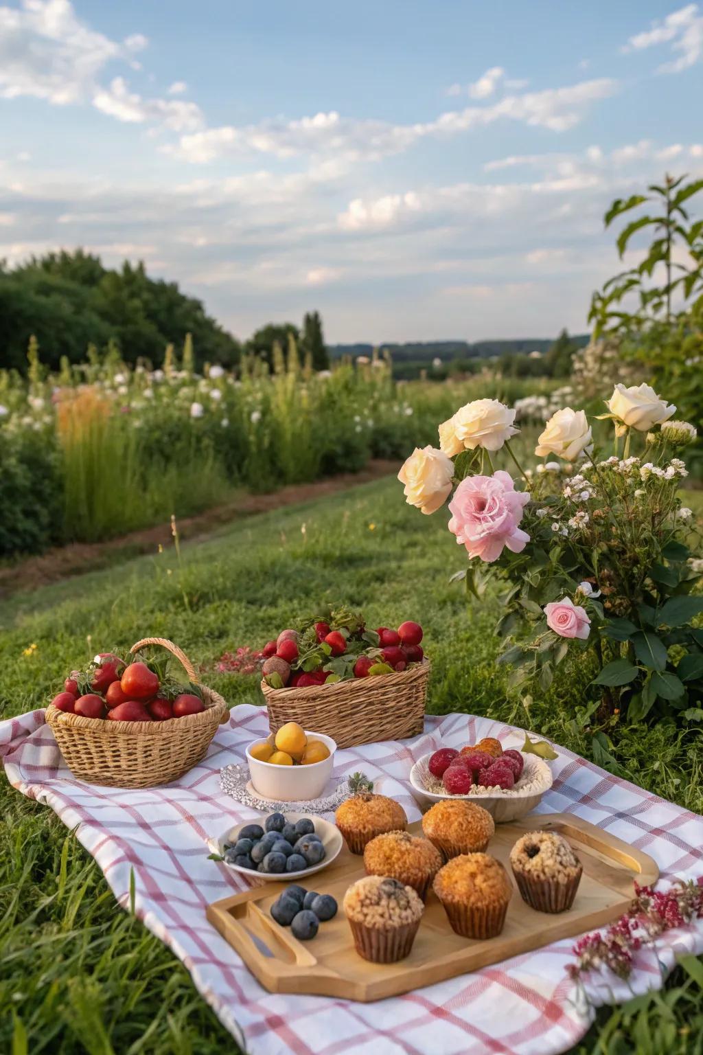Morning picnic brunch with fresh fruit and muffins