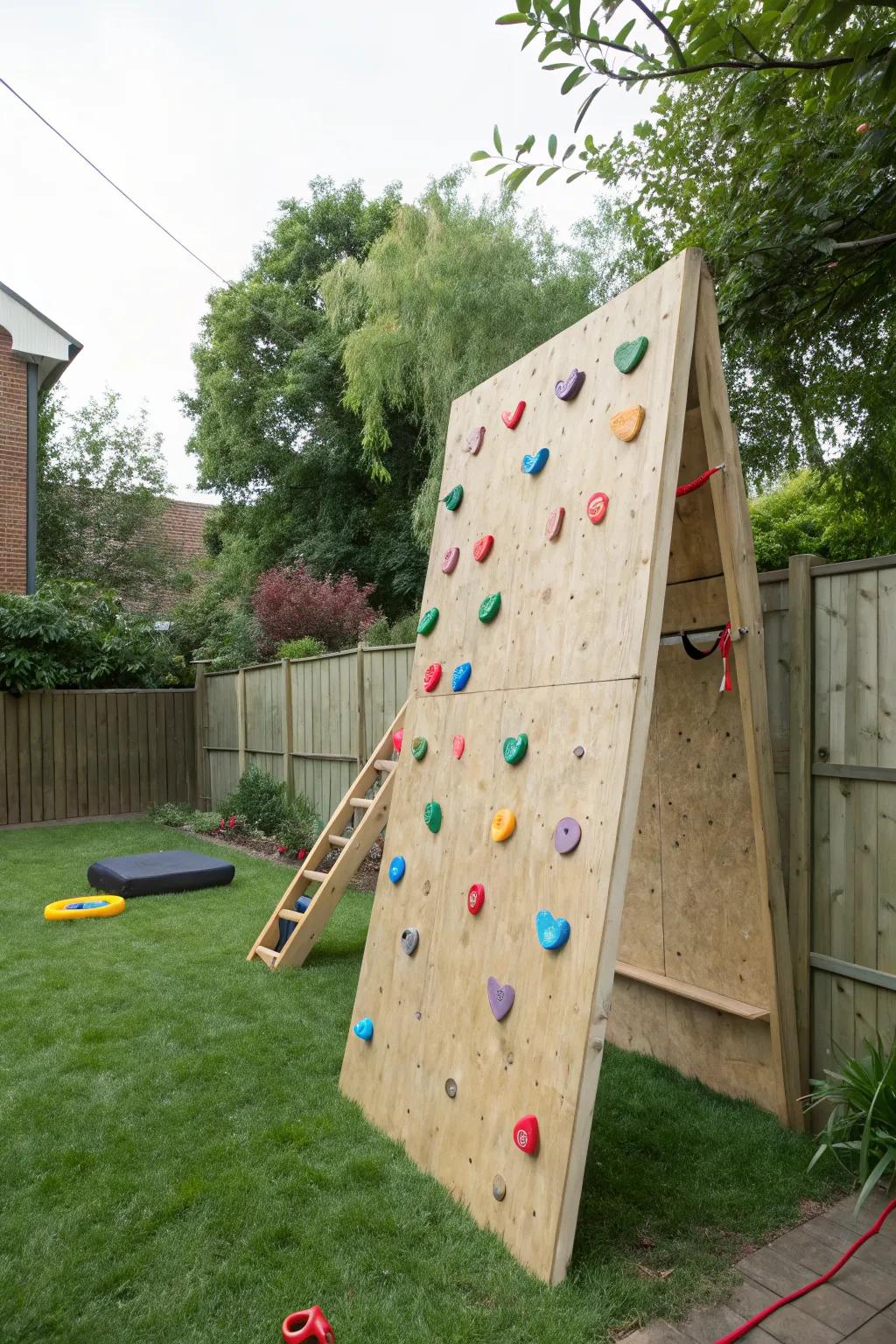 A DIY climbing wall makes for an engaging and challenging play feature.