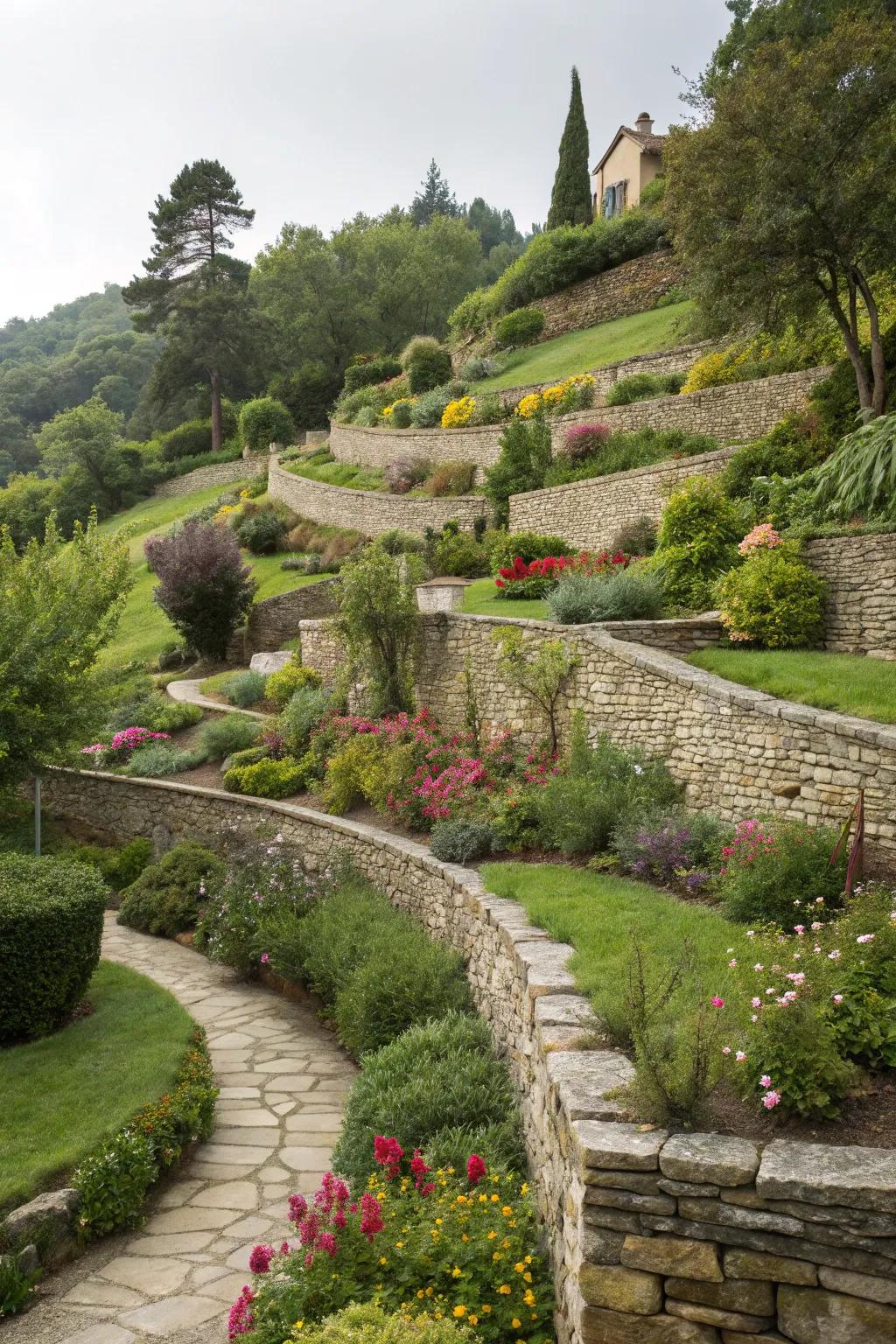 Add depth to your garden with terraced pony walls.