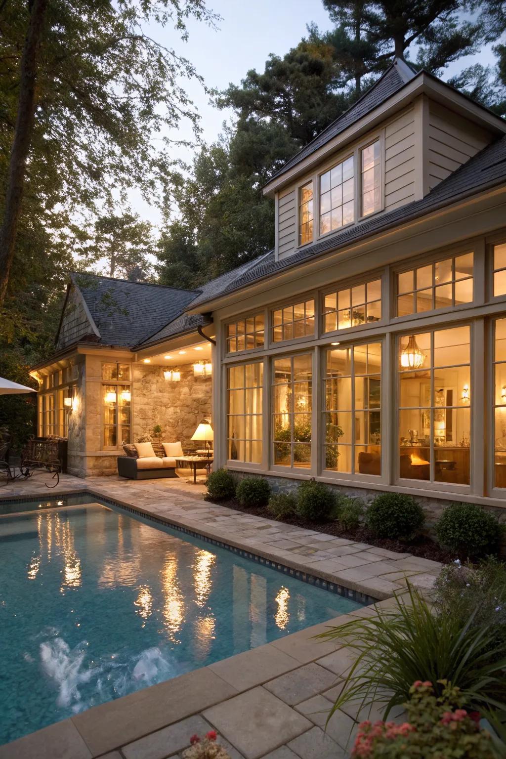Thoughtful lighting in a pool house for an inviting ambiance day and night.