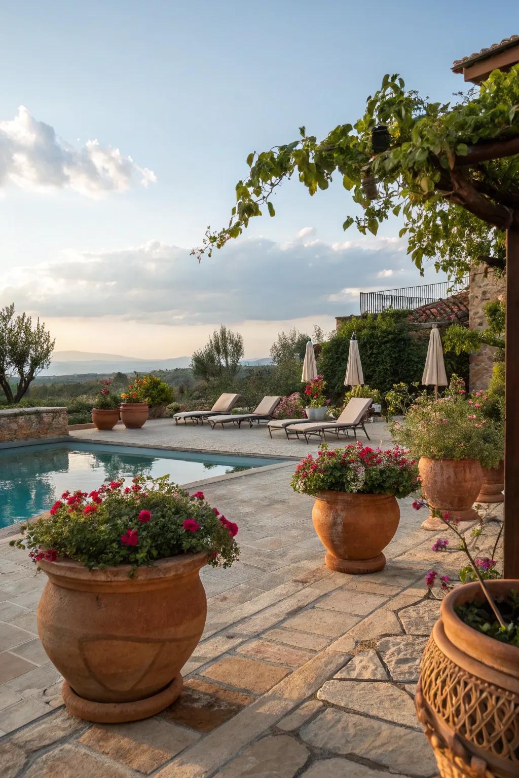 Terracotta pots add Mediterranean warmth to your pool area.