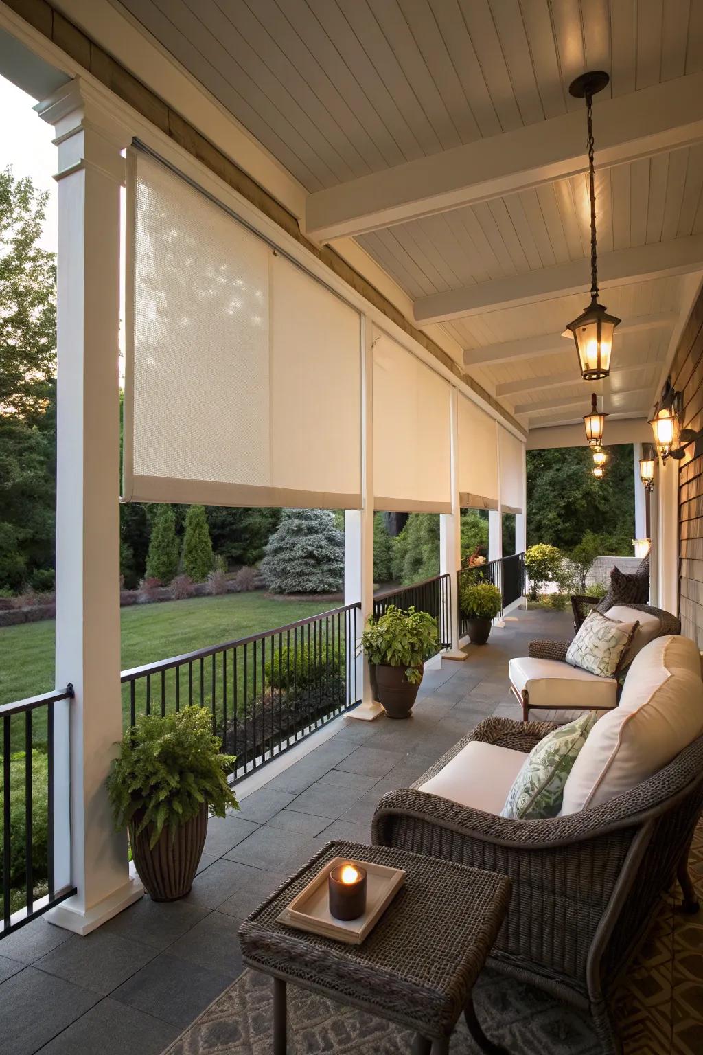 An inviting veranda with protective roller shades.