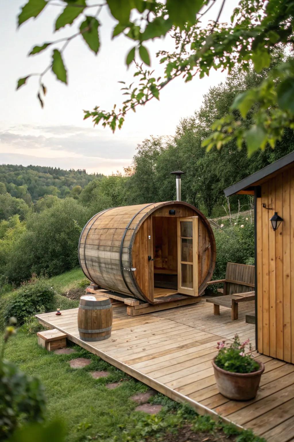 A barrel sauna offers a distinctive look and efficient design.