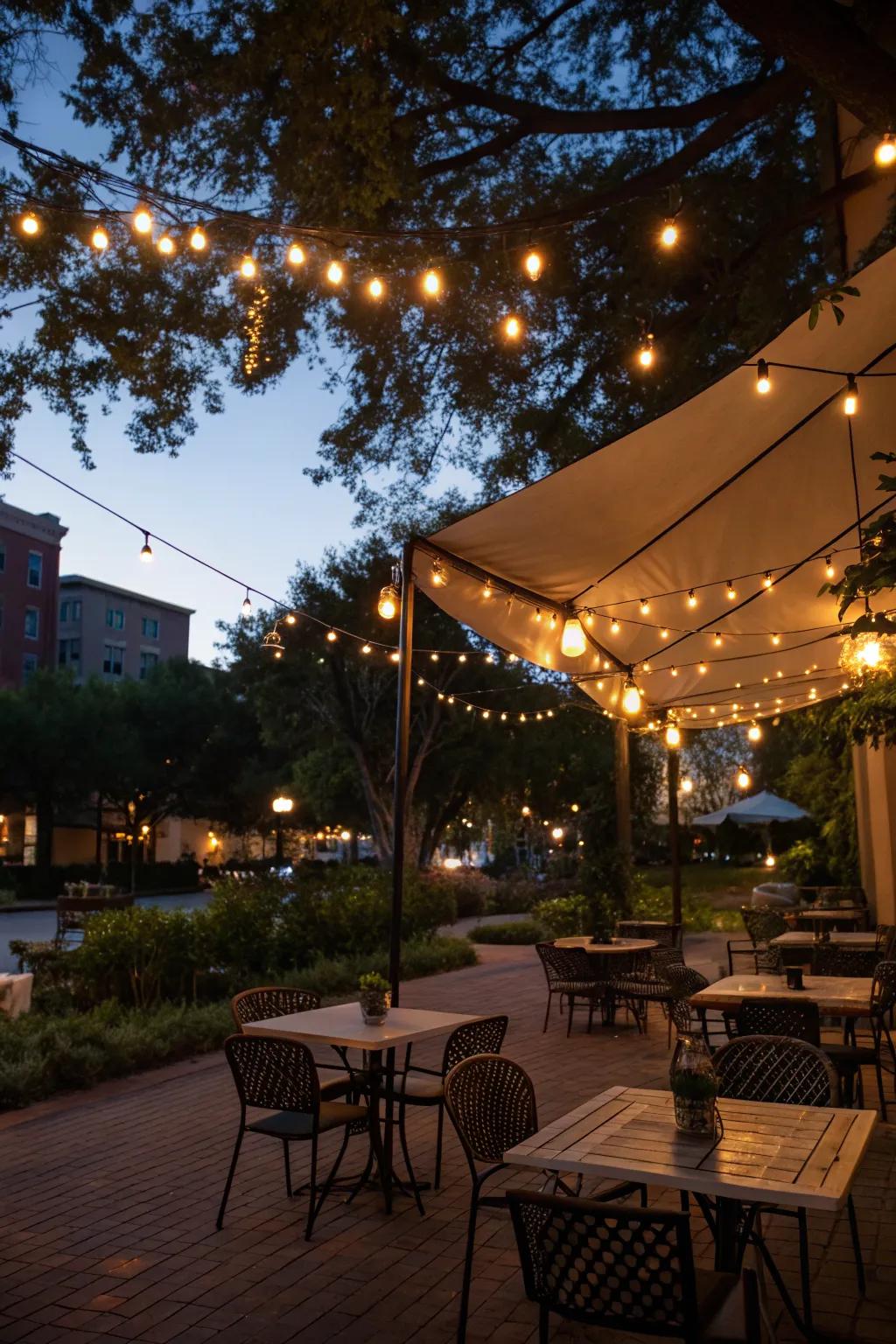 String lights add ambiance to shaded areas.