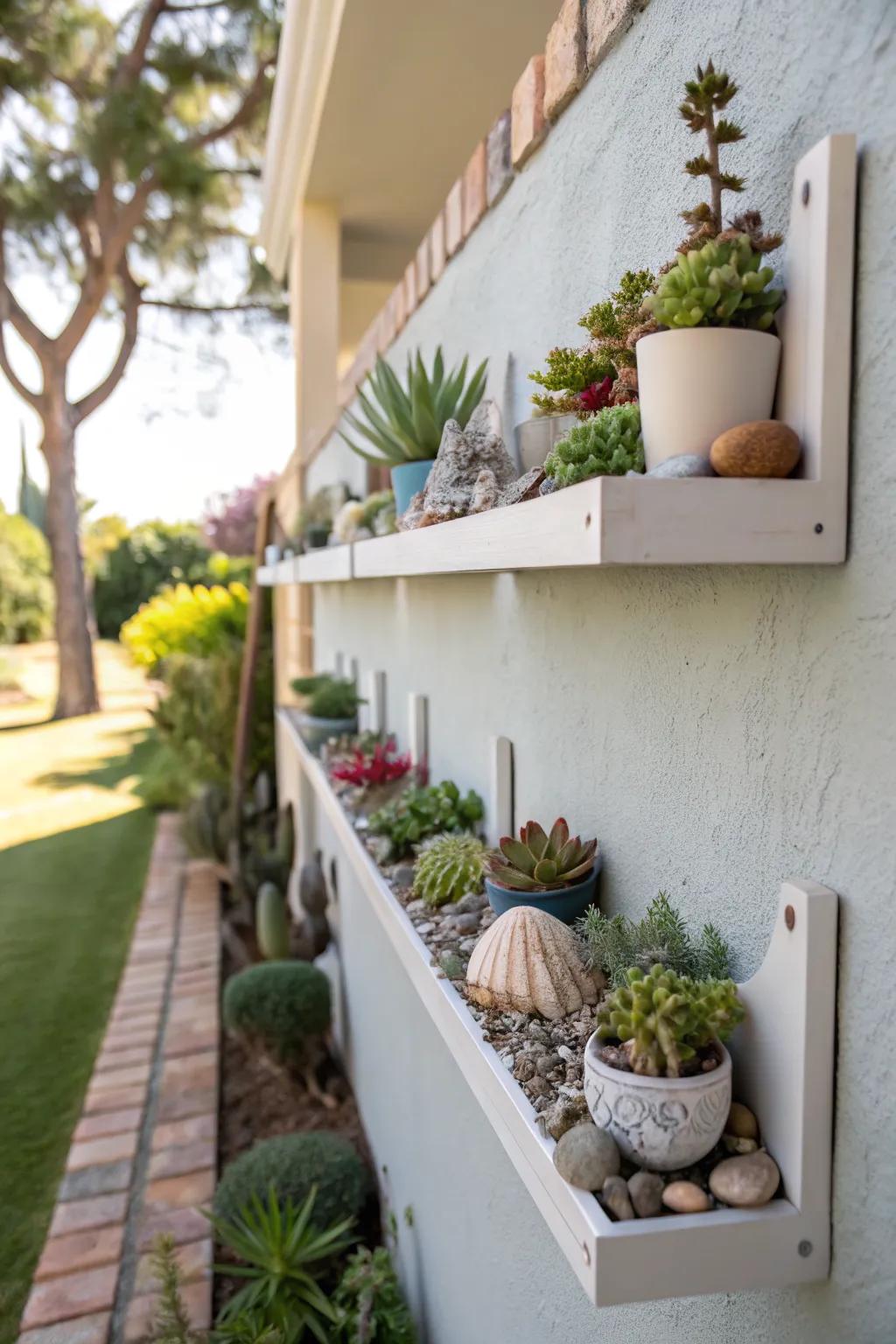 Small floating shelves are ideal for adding subtle greenery to compact spaces.