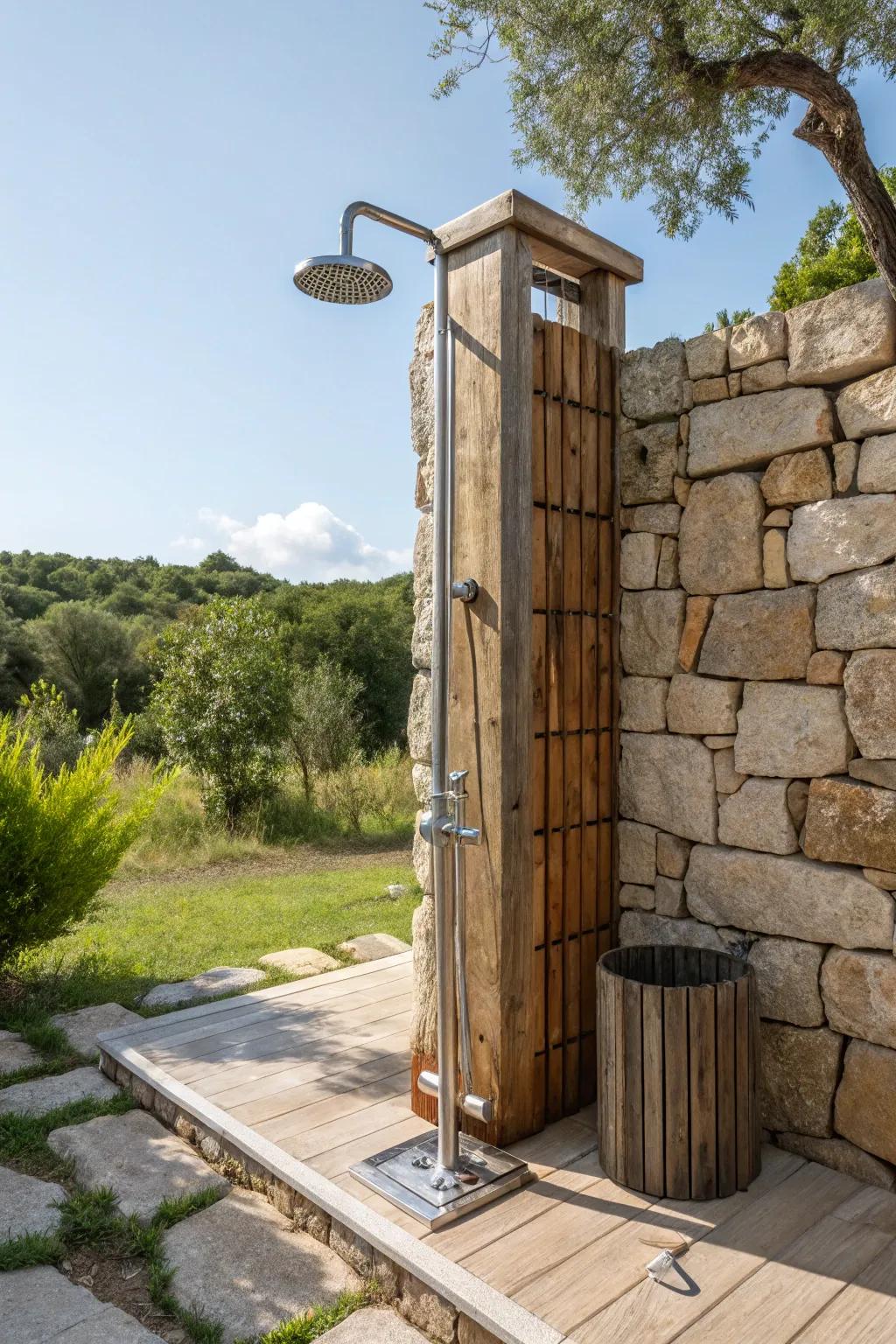 Rustic and modern styles create a harmonious outdoor shower design.