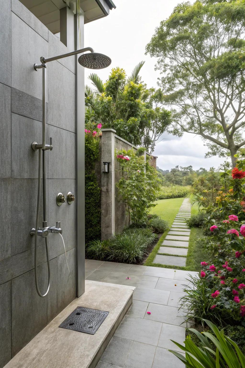 An industrial chic outdoor shower with concrete tiles and modern design elements.