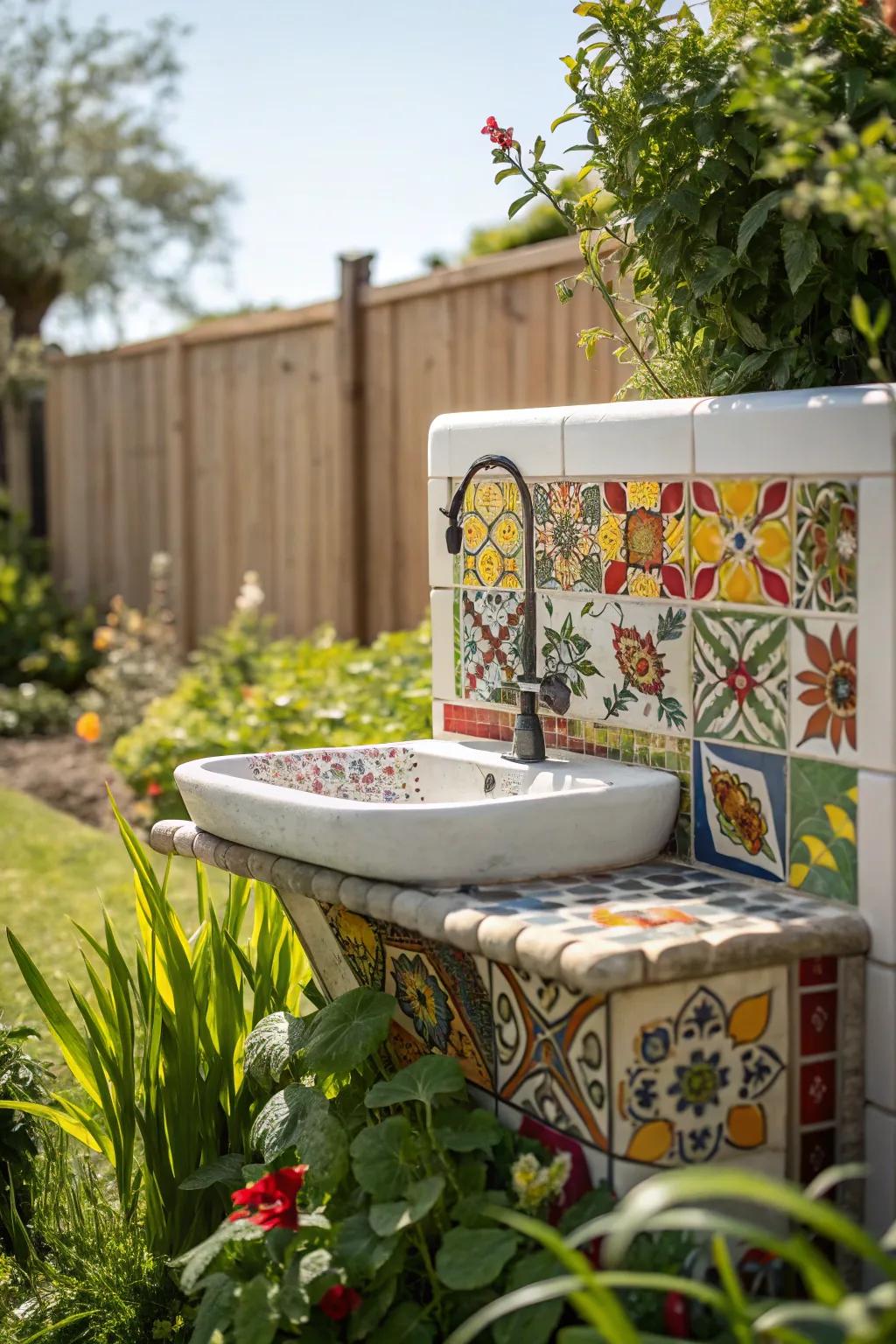 A vibrant outdoor sink with a colorful tile backsplash.