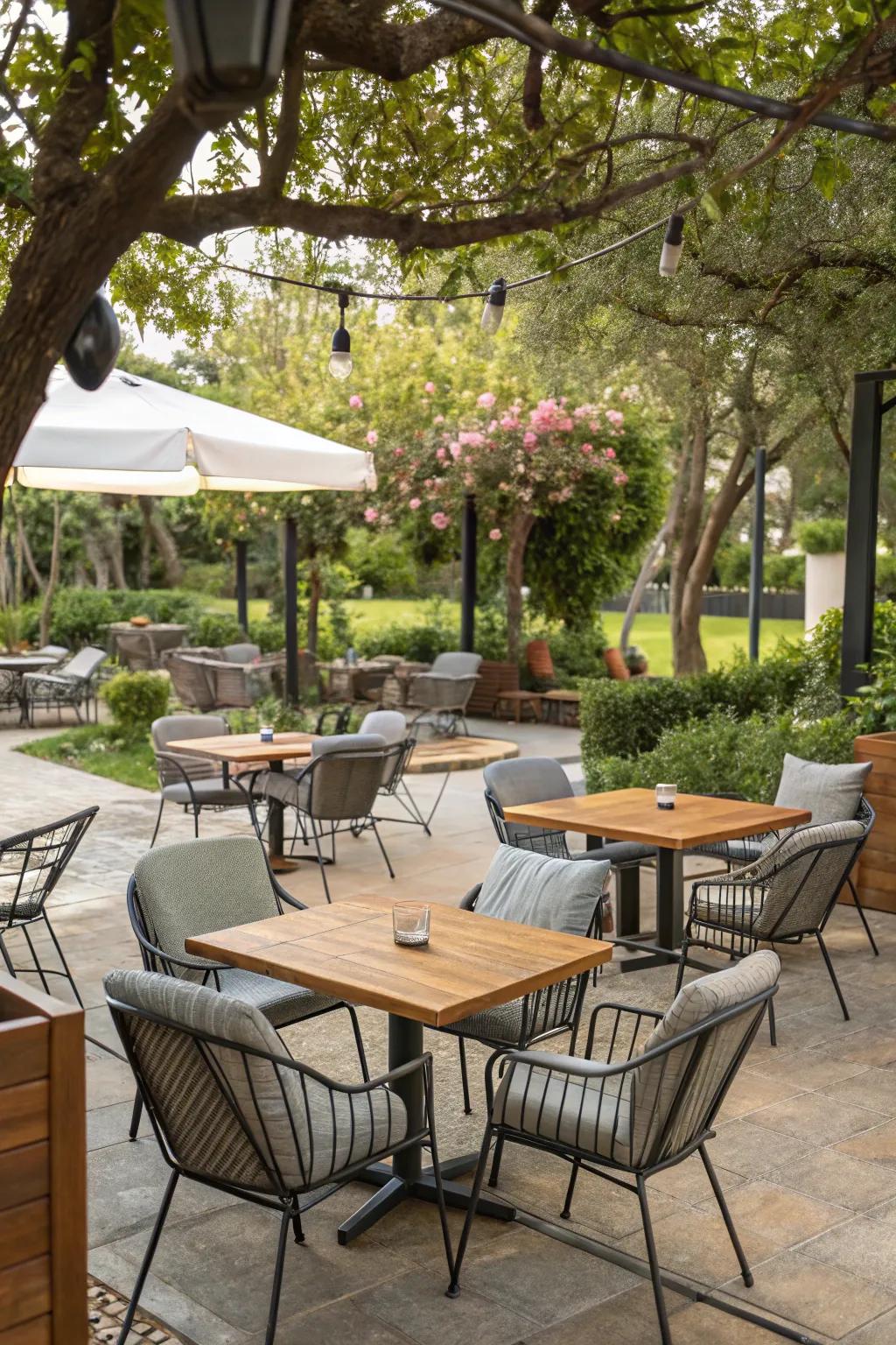 A harmonious blend of modern and rustic styles in an outdoor seating area.