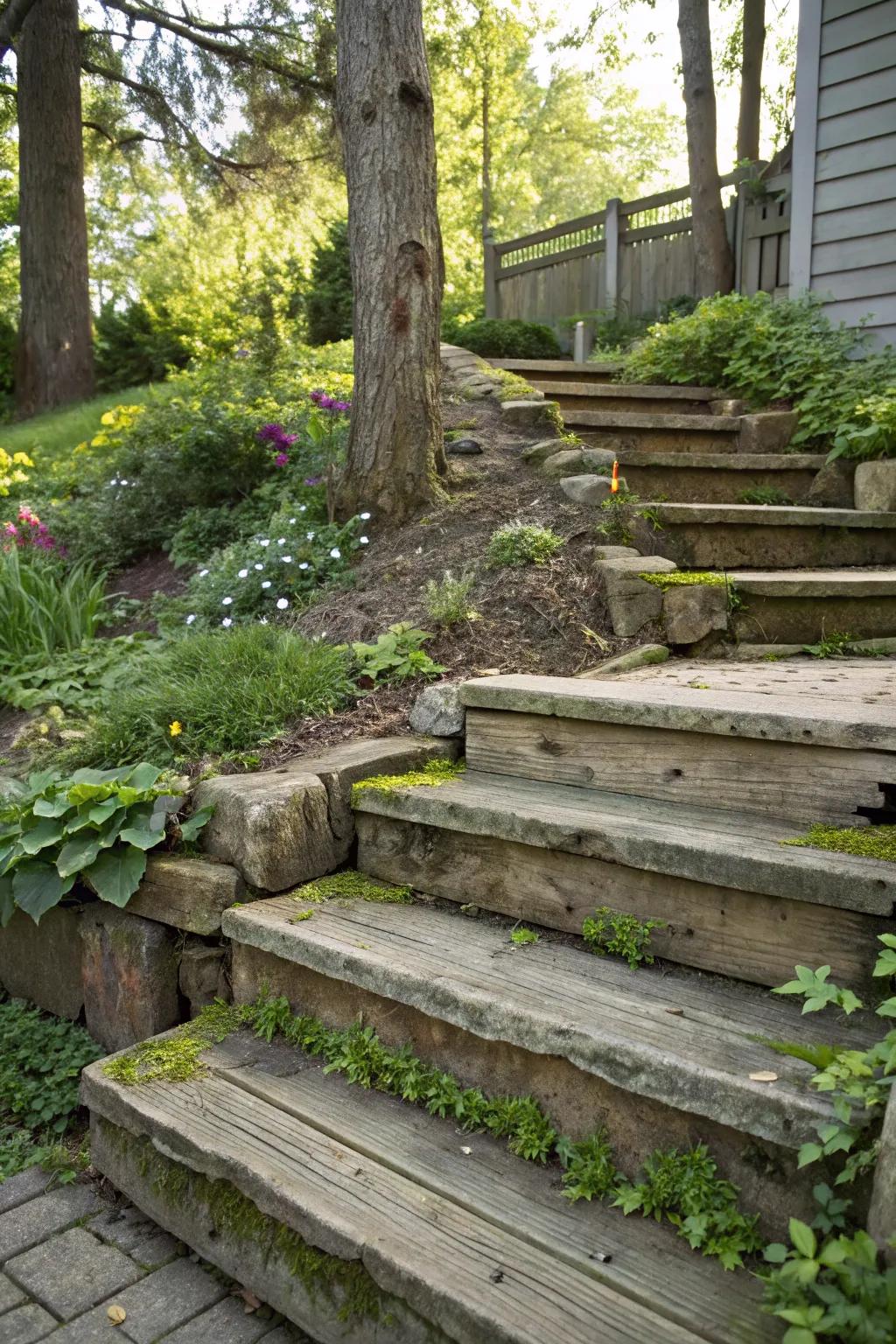 Rustic wood panels add warmth and character to outdoor stairs.