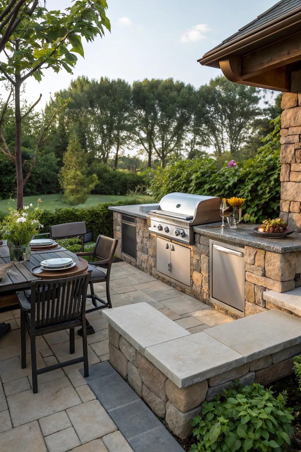 A functional outdoor kitchen with integrated stone seating.