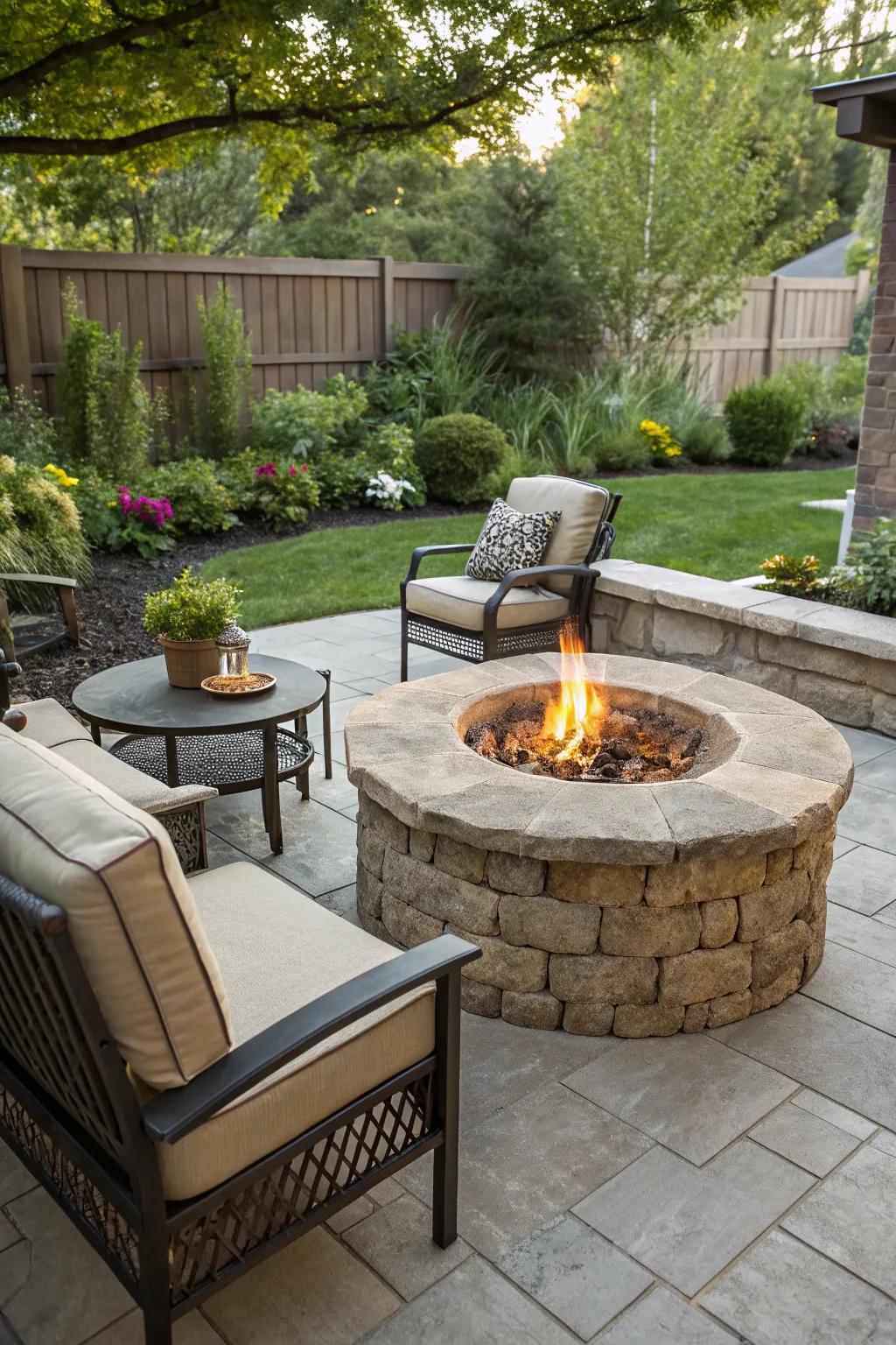 A stone fire pit positioned on a patio, perfect for stylish outdoor living.