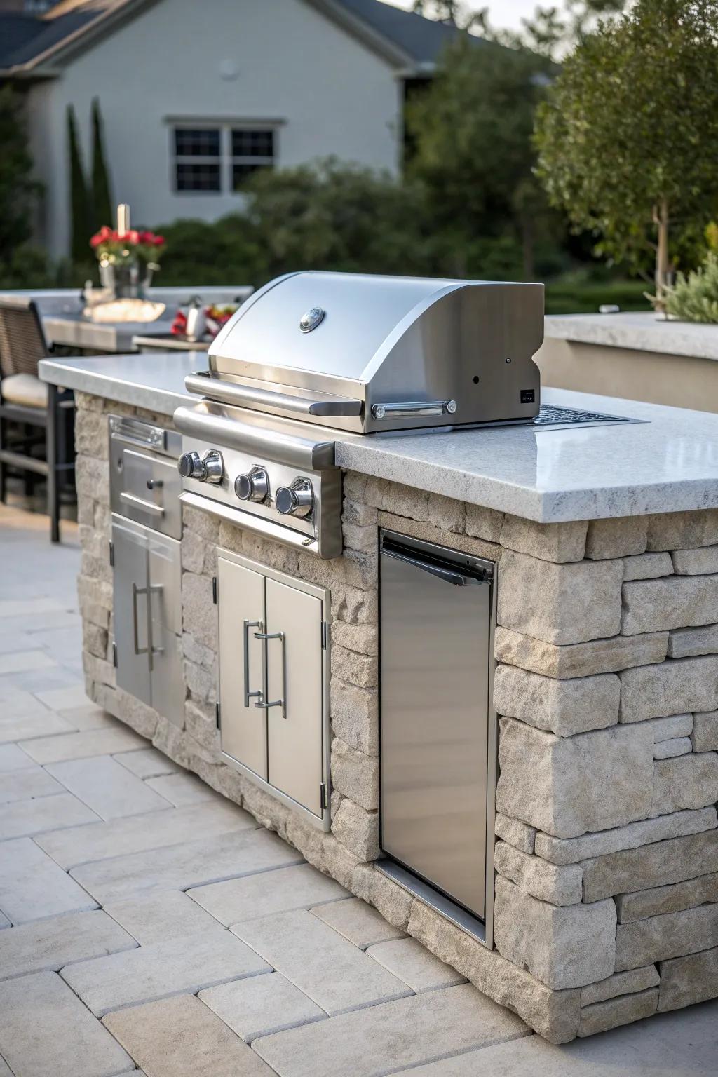 A sleek stone BBQ island for modern outdoor cooking.