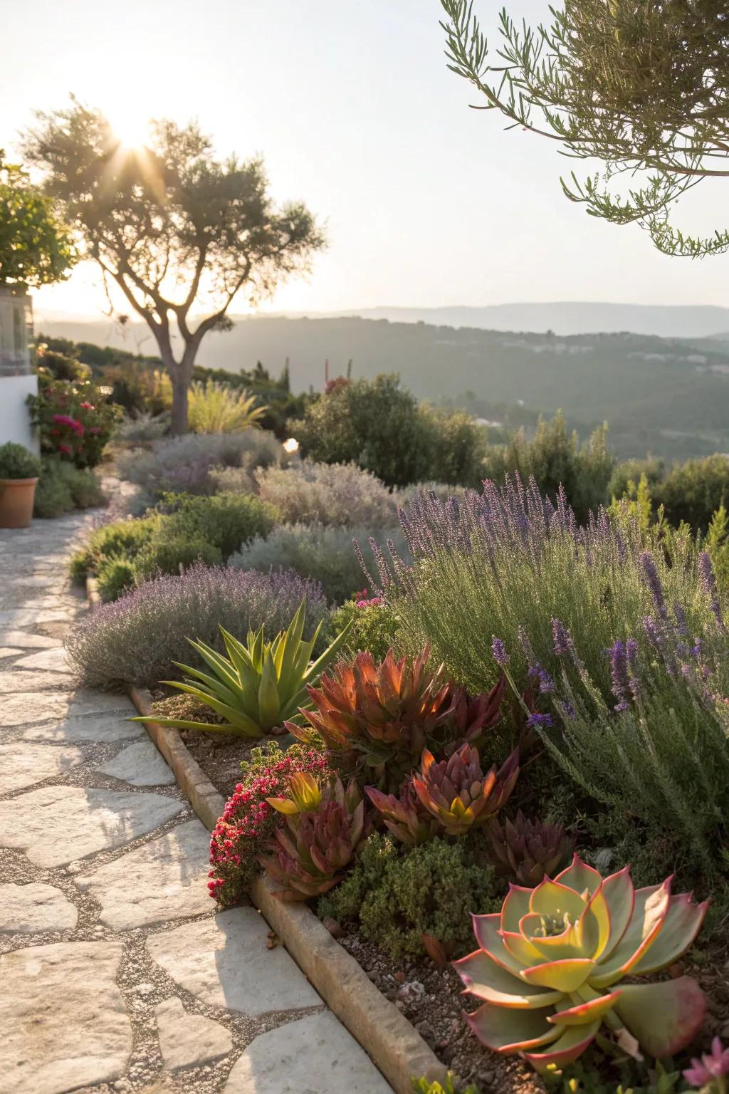 Mediterranean-style garden with succulents and herbs creating a rustic charm.