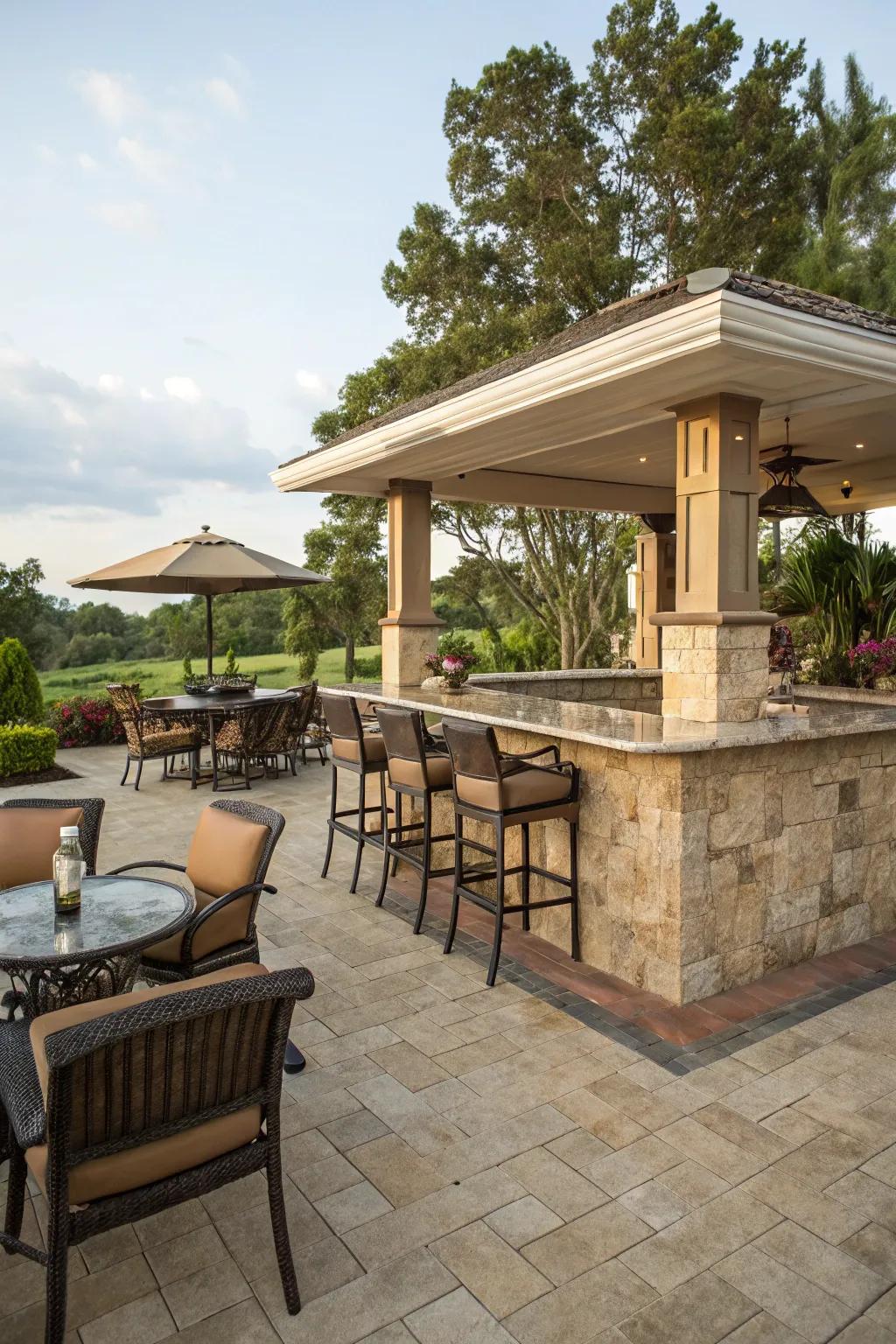 An elegant natural stone tile bar top for a sophisticated look