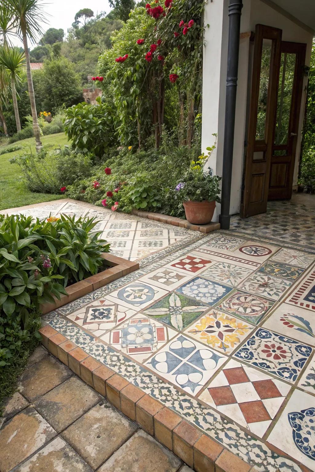 Mixed tile patterns create a unique and vibrant outdoor space.